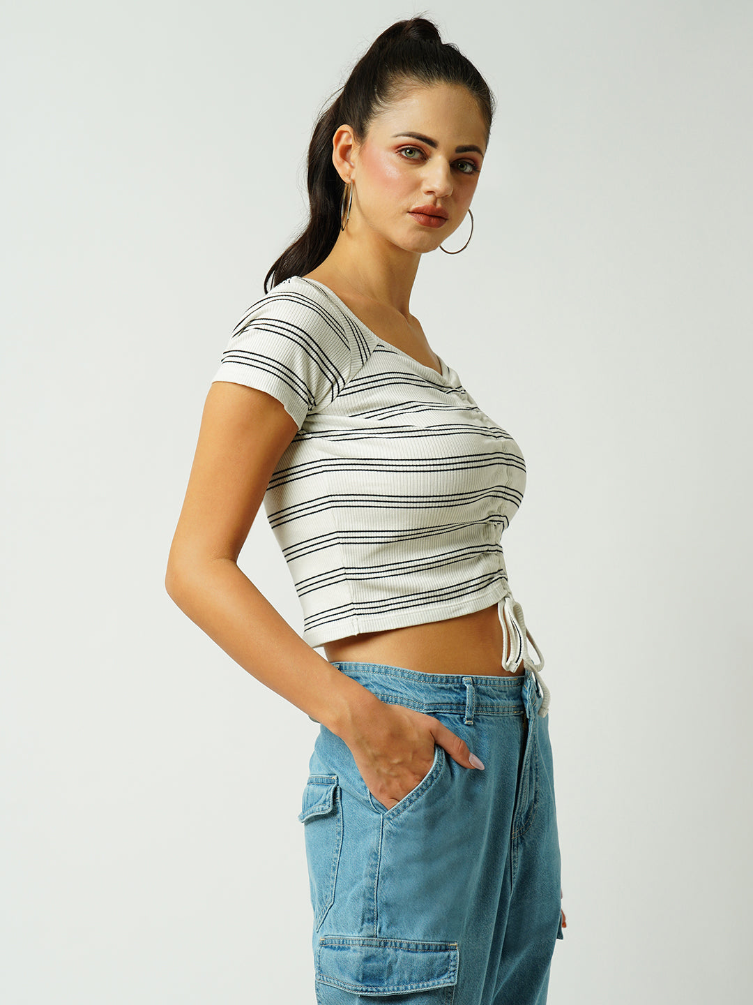 Women Black&White Striped Slim T-Shirt