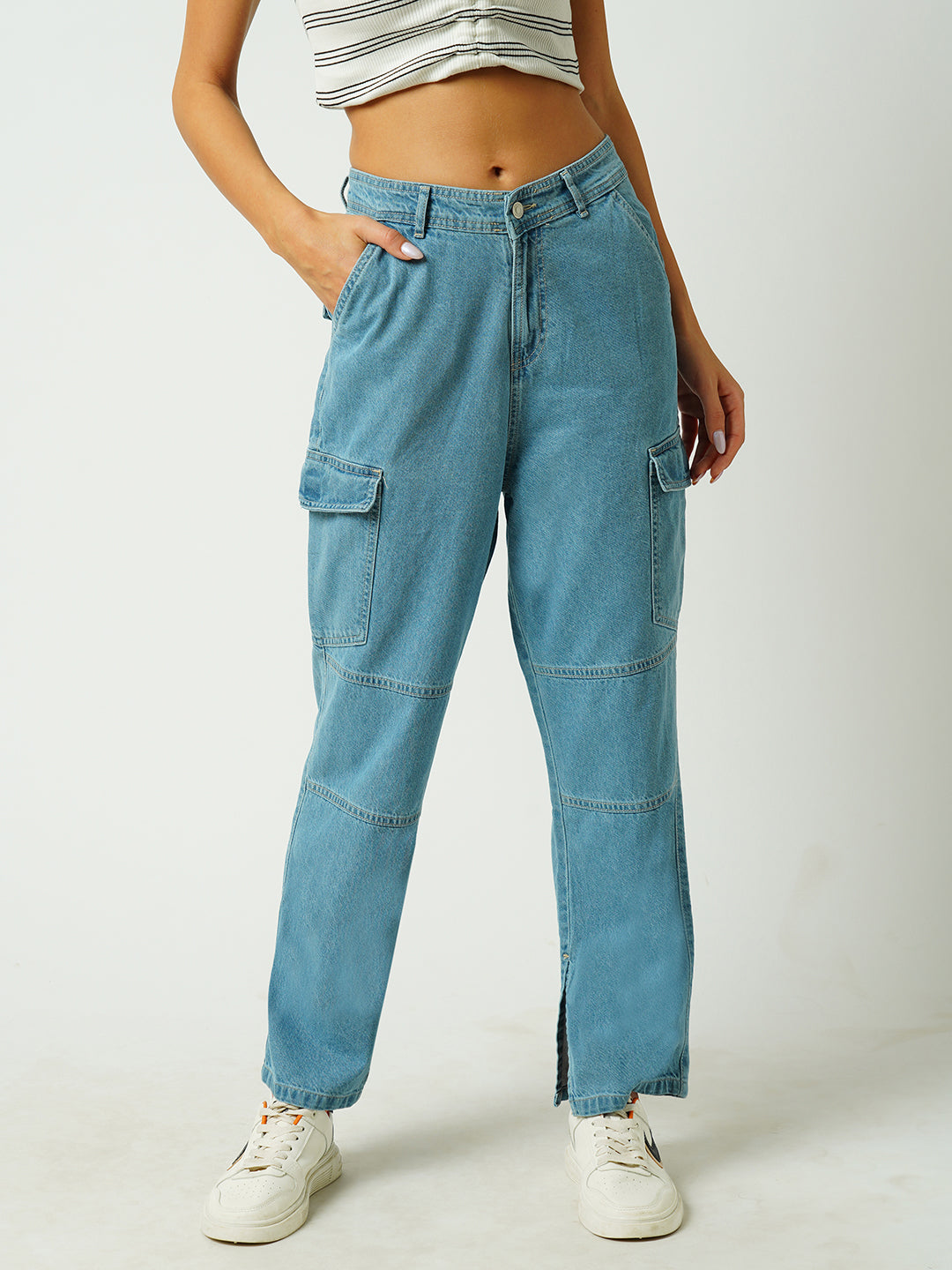 Women Light Blue Mid-Rise Cargo