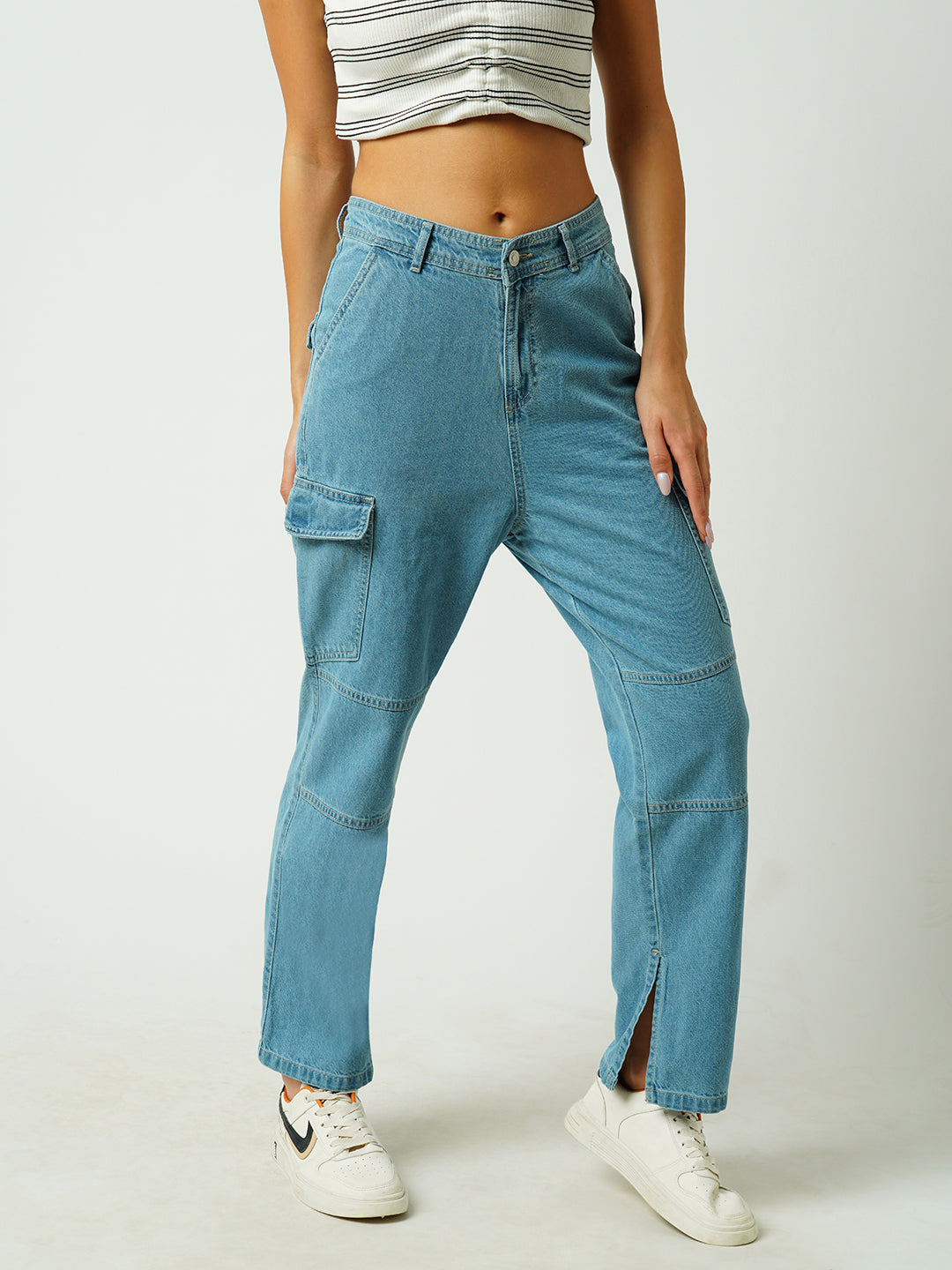 Women Light Blue Mid-Rise Cargo