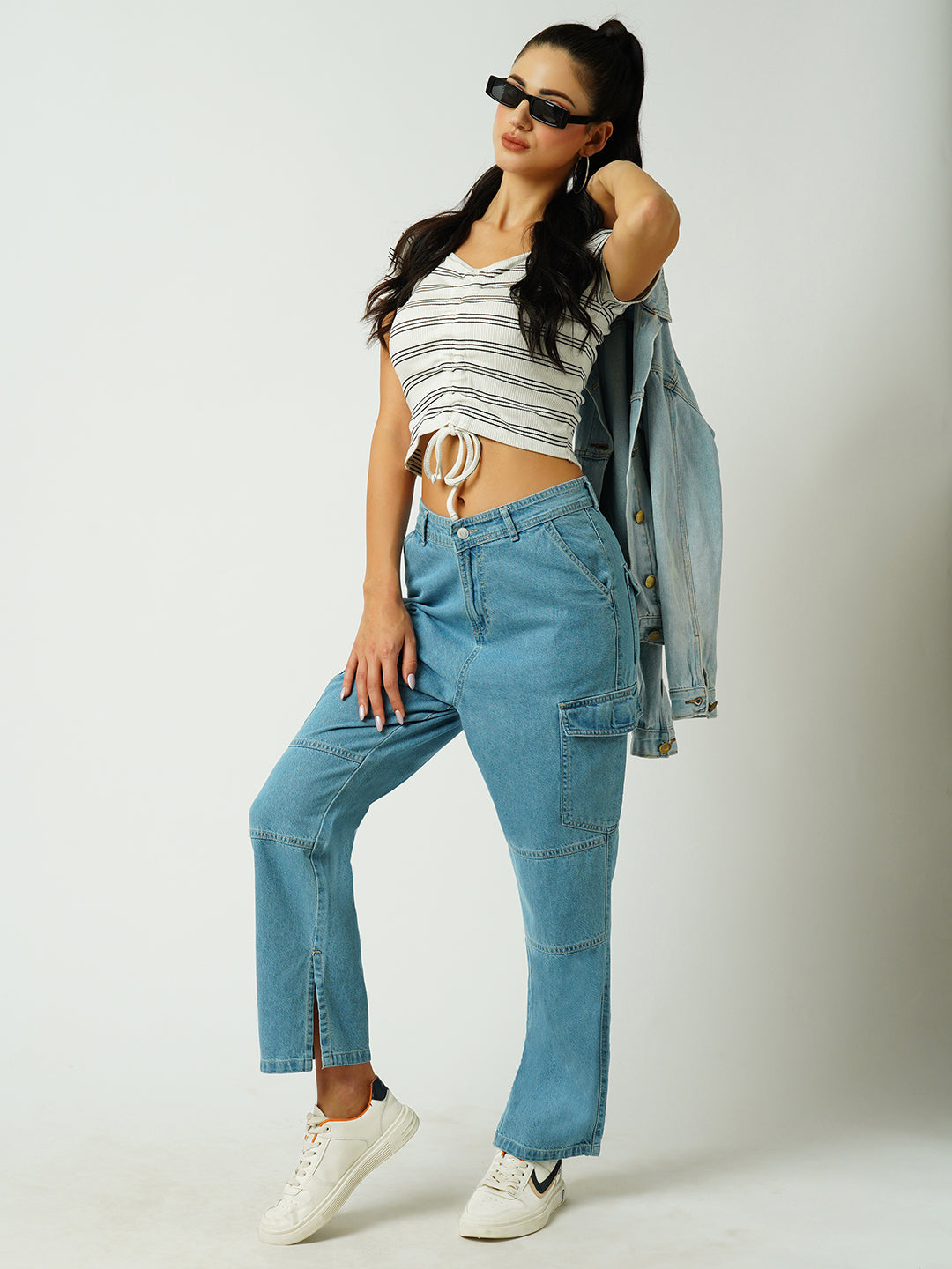Women Light Blue Mid-Rise Cargo