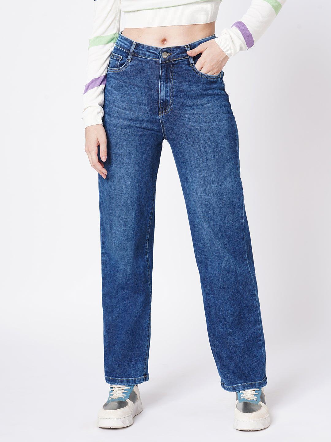 Women Blue High-Rise Loose Straight Jeans