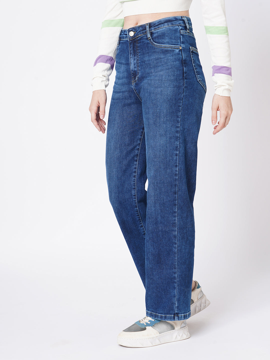 Women Blue High-Rise Loose Straight Jeans