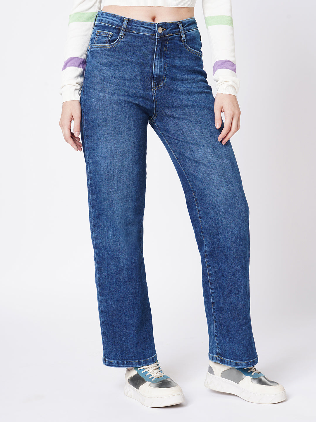 Women Blue High-Rise Loose Straight Jeans