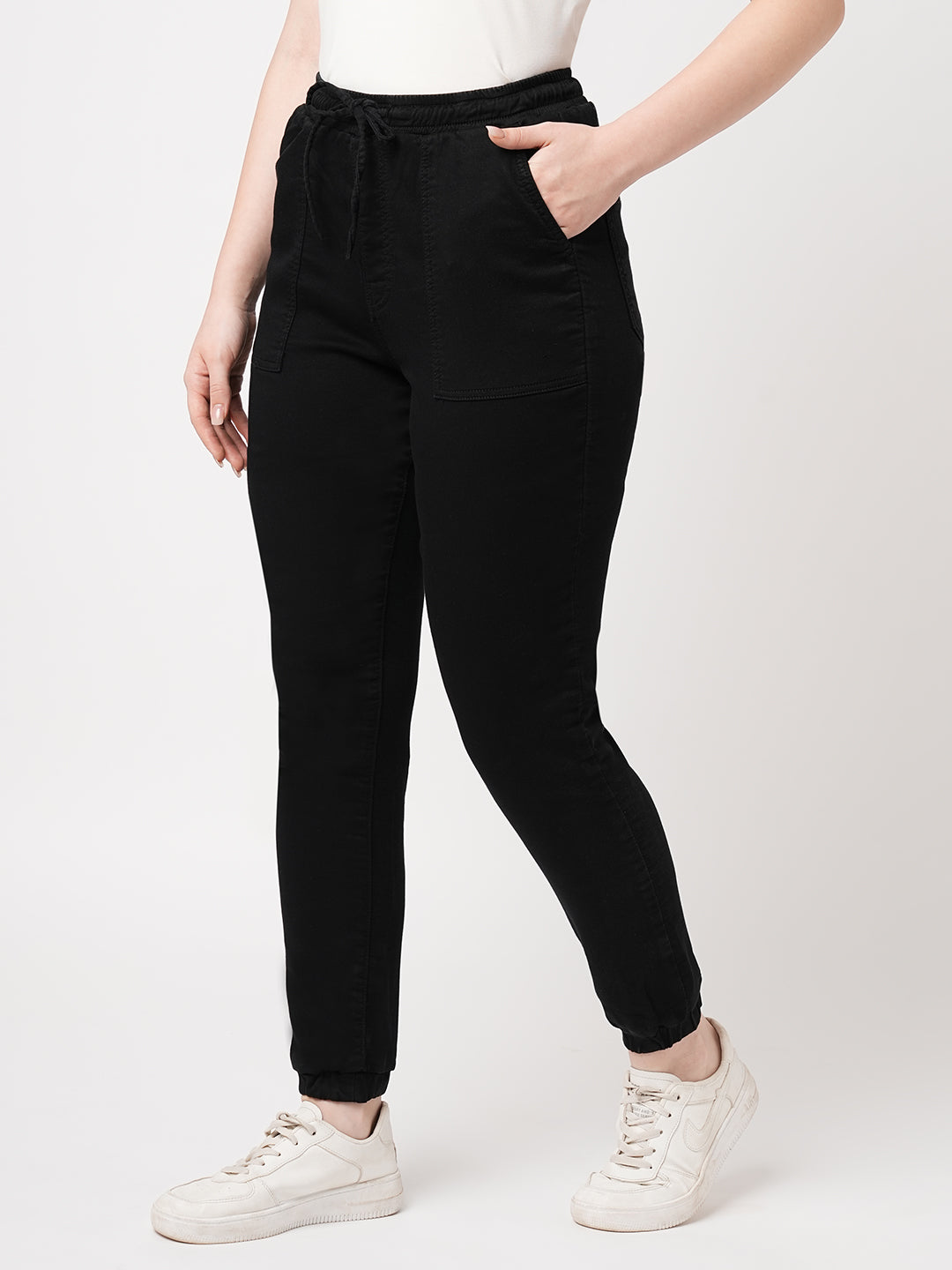 Women Black High-Rise Denim Joggers