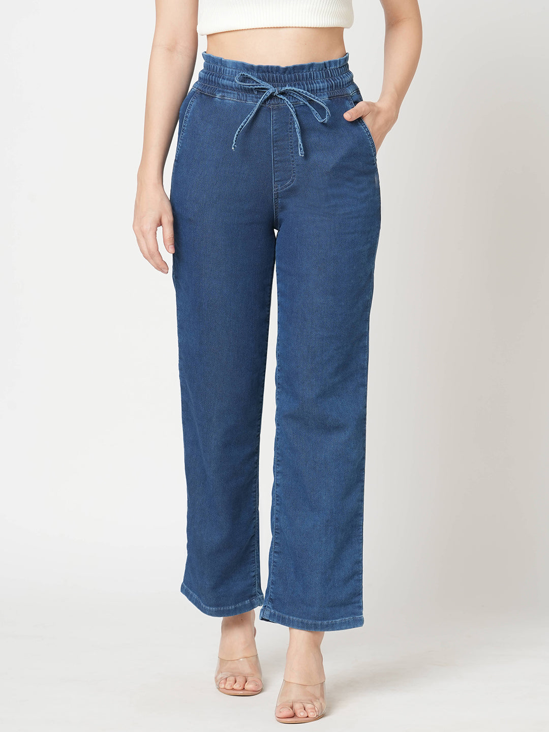 Women Blue High-Rise Denim Joggers