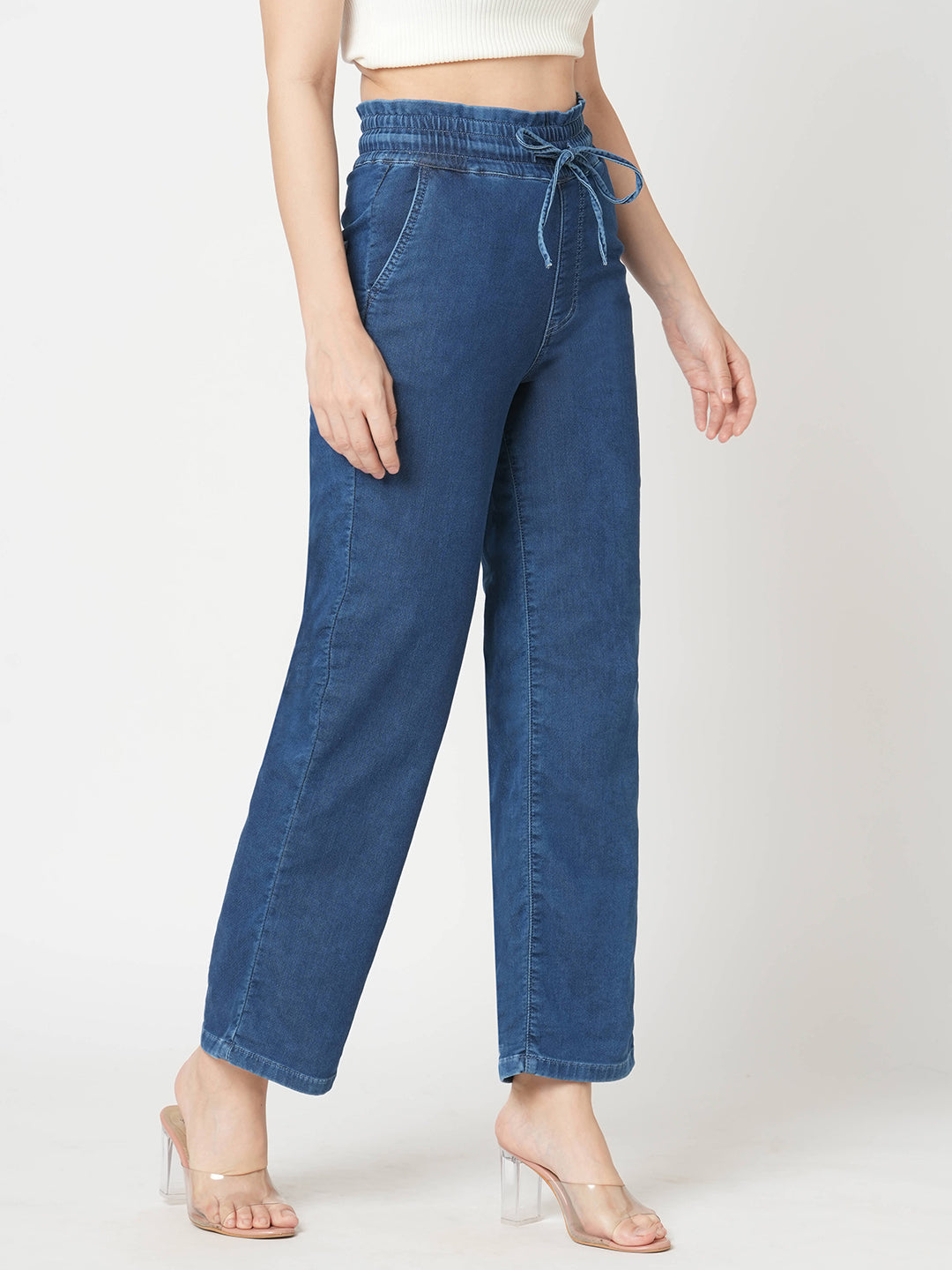 Women Blue High-Rise Denim Joggers