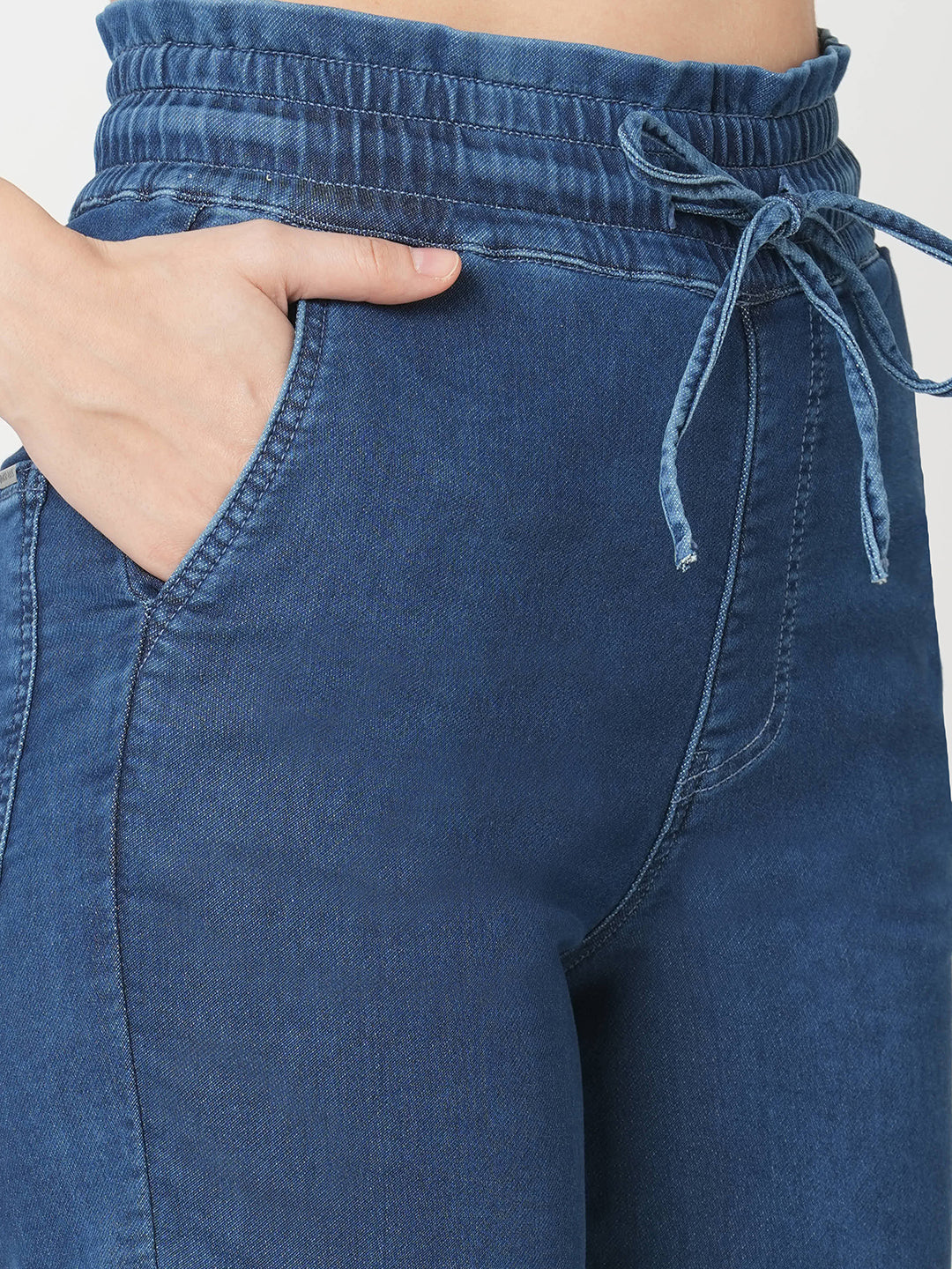 Women Blue High-Rise Denim Joggers