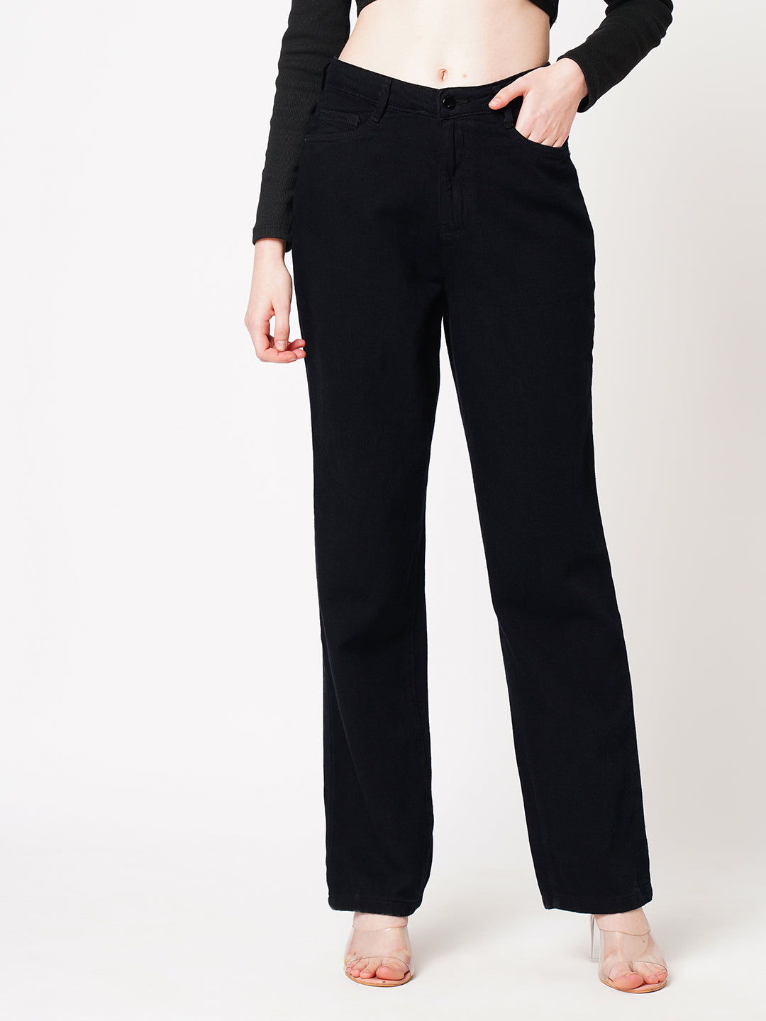 Women Black High-Rise Loose Straight Jeans