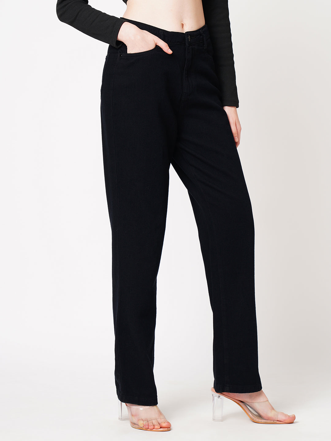 Women Black High-Rise Loose Straight Jeans