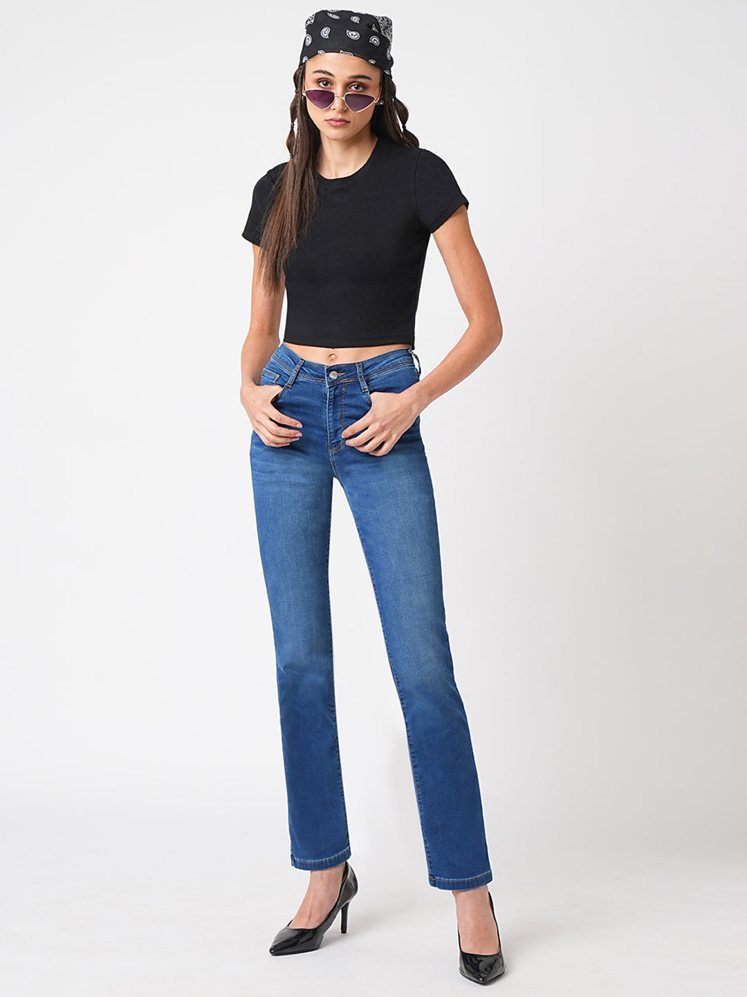 Women Blue High-Rise Slim Straight Fit Jeans