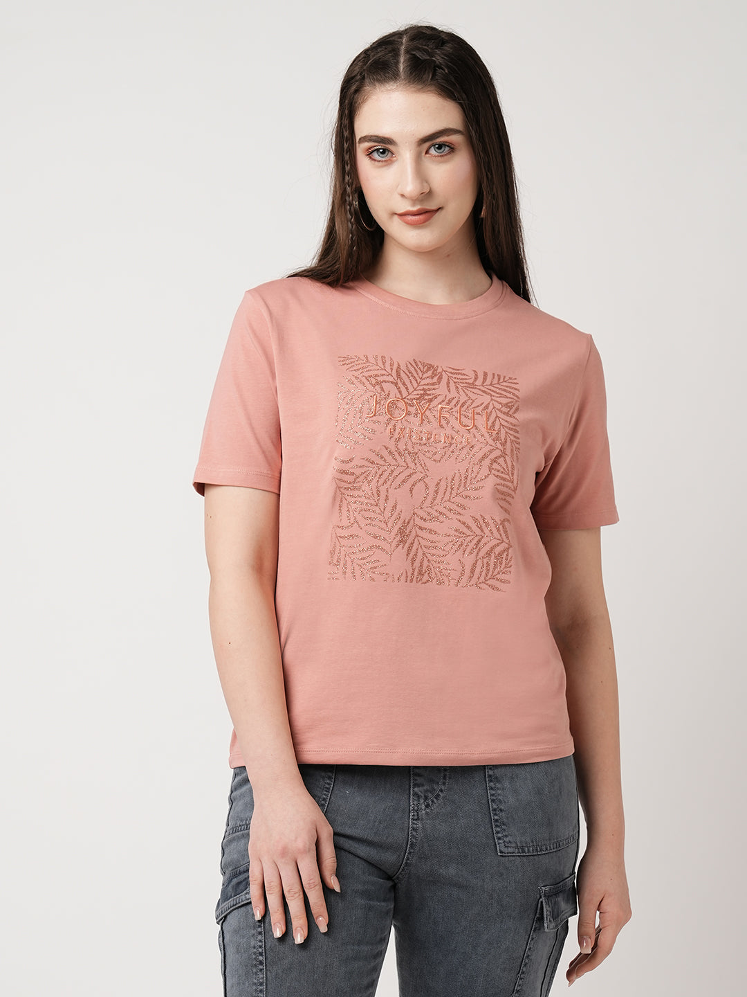 Women Blush Pink Printed Slim T-Shirt
