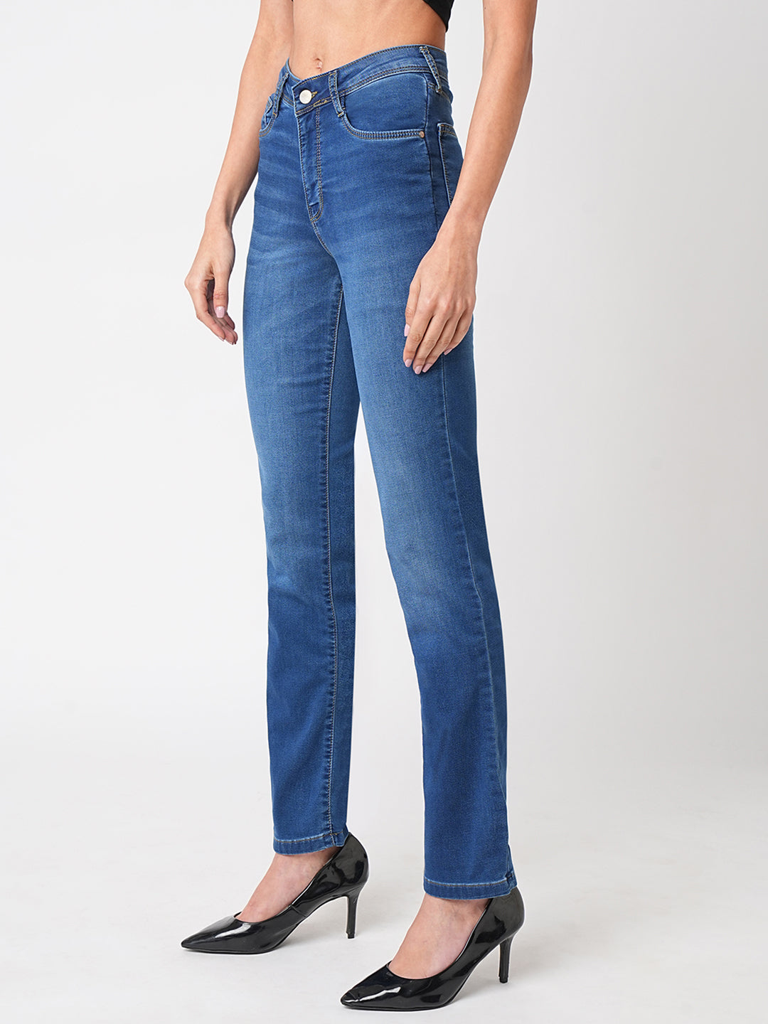 Women Blue High-Rise Slim Straight Fit Jeans