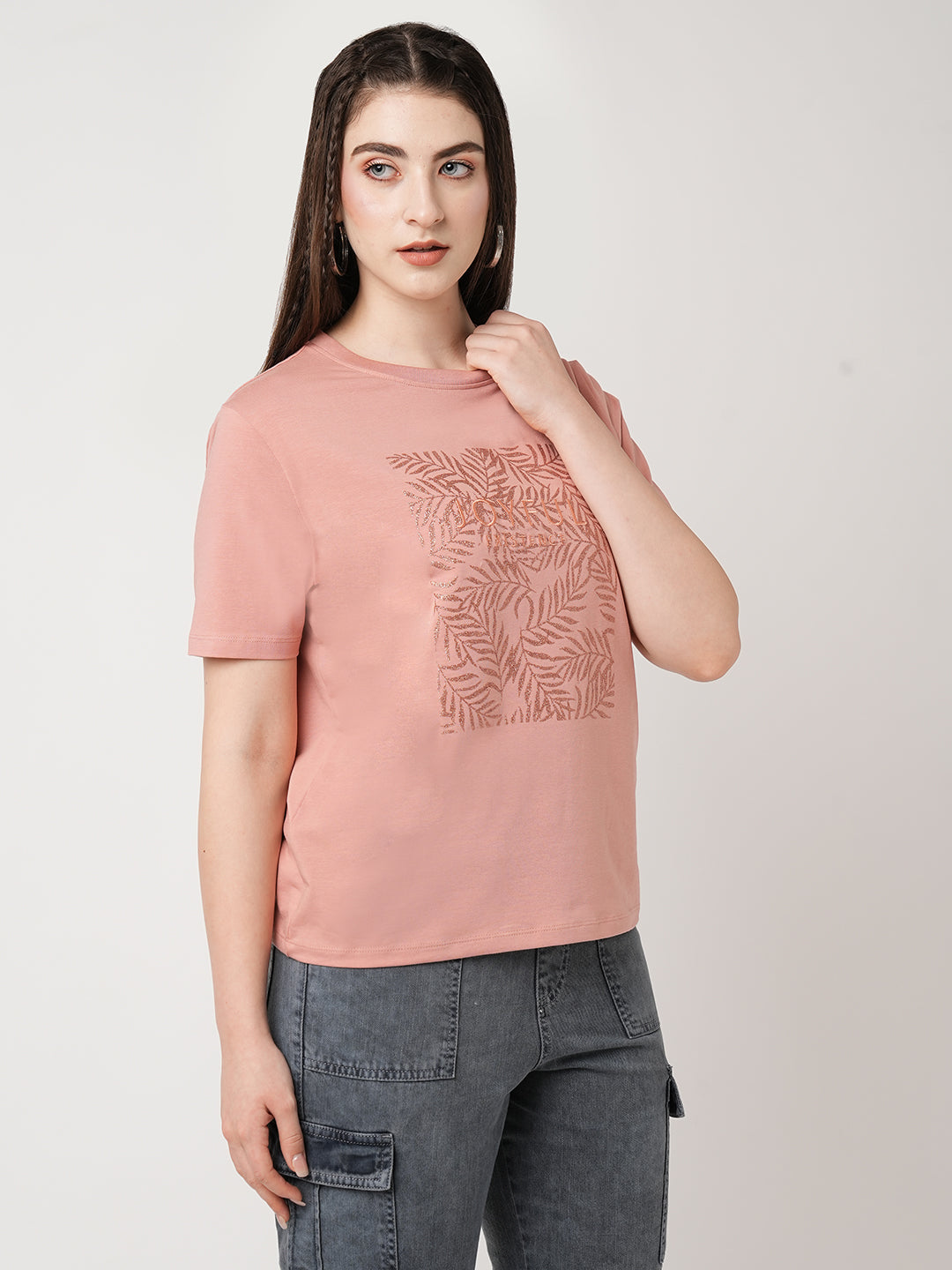 Women Blush Pink Printed Slim T-Shirt