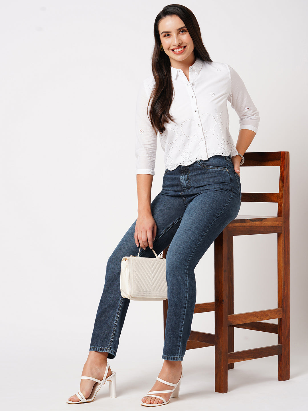 Women Dark Blue High-Rise Relax Straight Fit Jeans