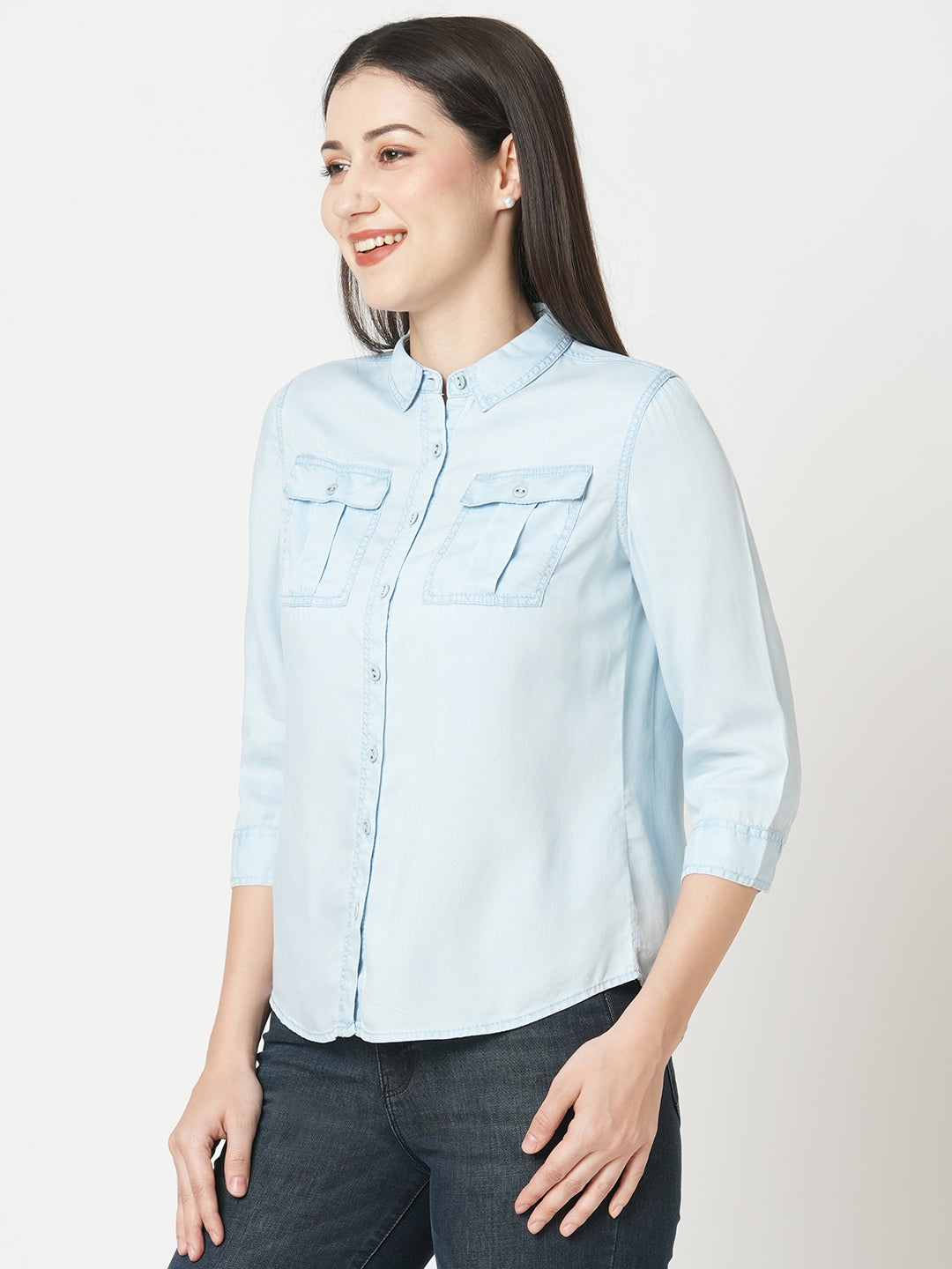 Women Light Blue Solid Denim Shirt