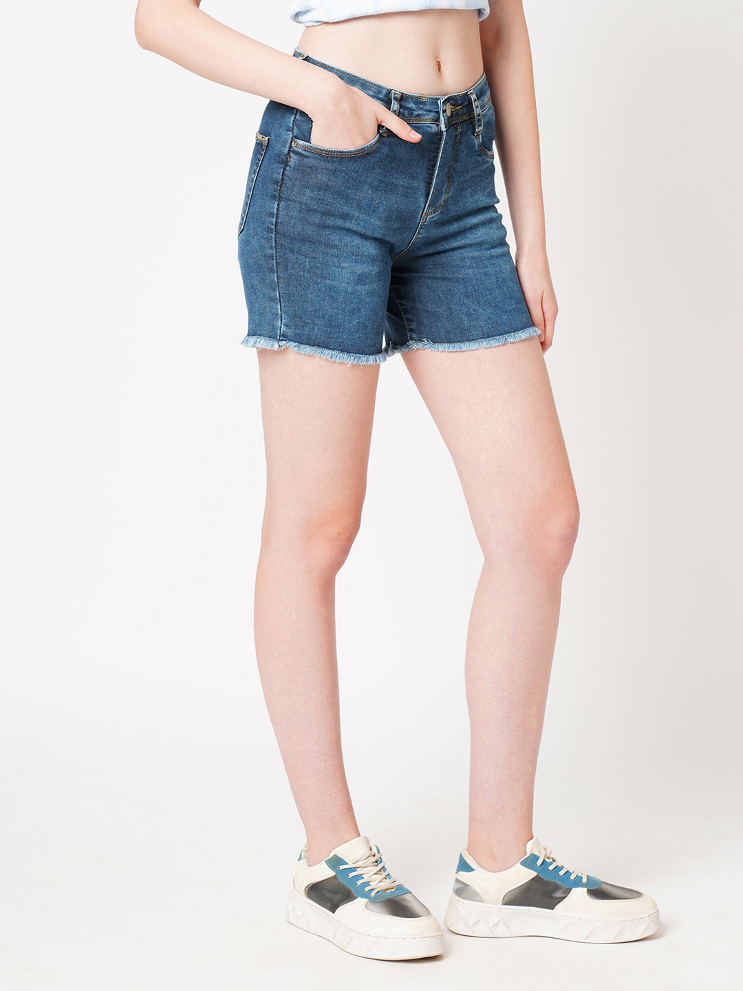 Women Light Blue High-Rise Shorts