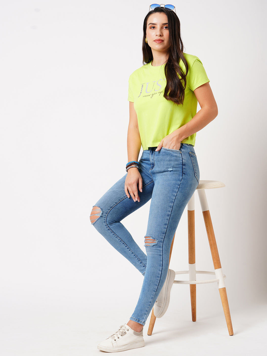 Women Lime Printed Slim T-Shirt