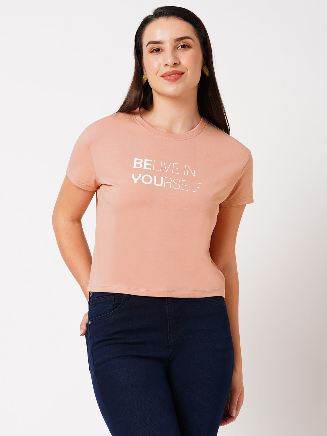 Women Blush Pink Printed Slim T-Shirt