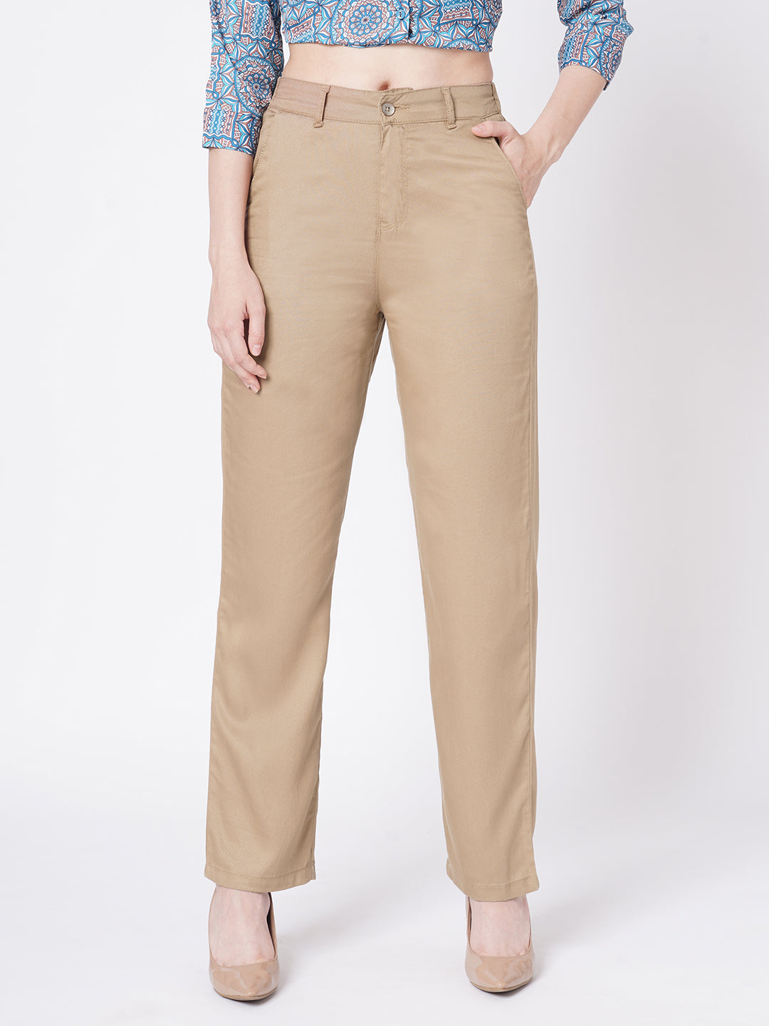 Women Dusty Rose High-Rise Straight Fit Trousers