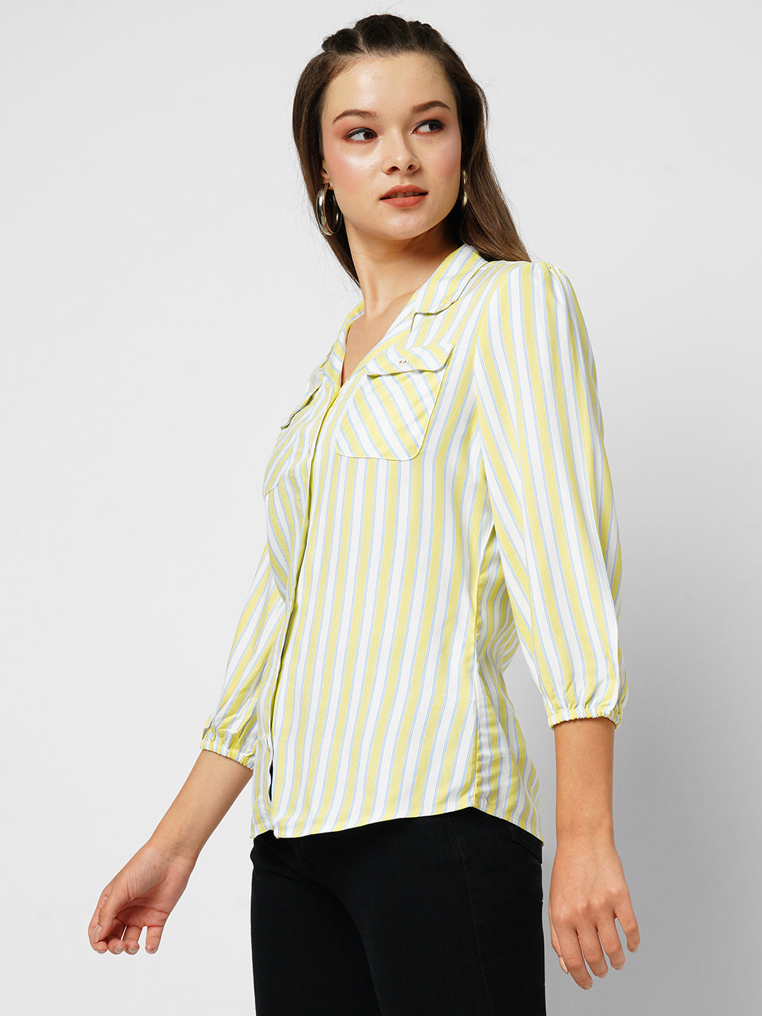 Women Lime & White Striped Slim Shirt