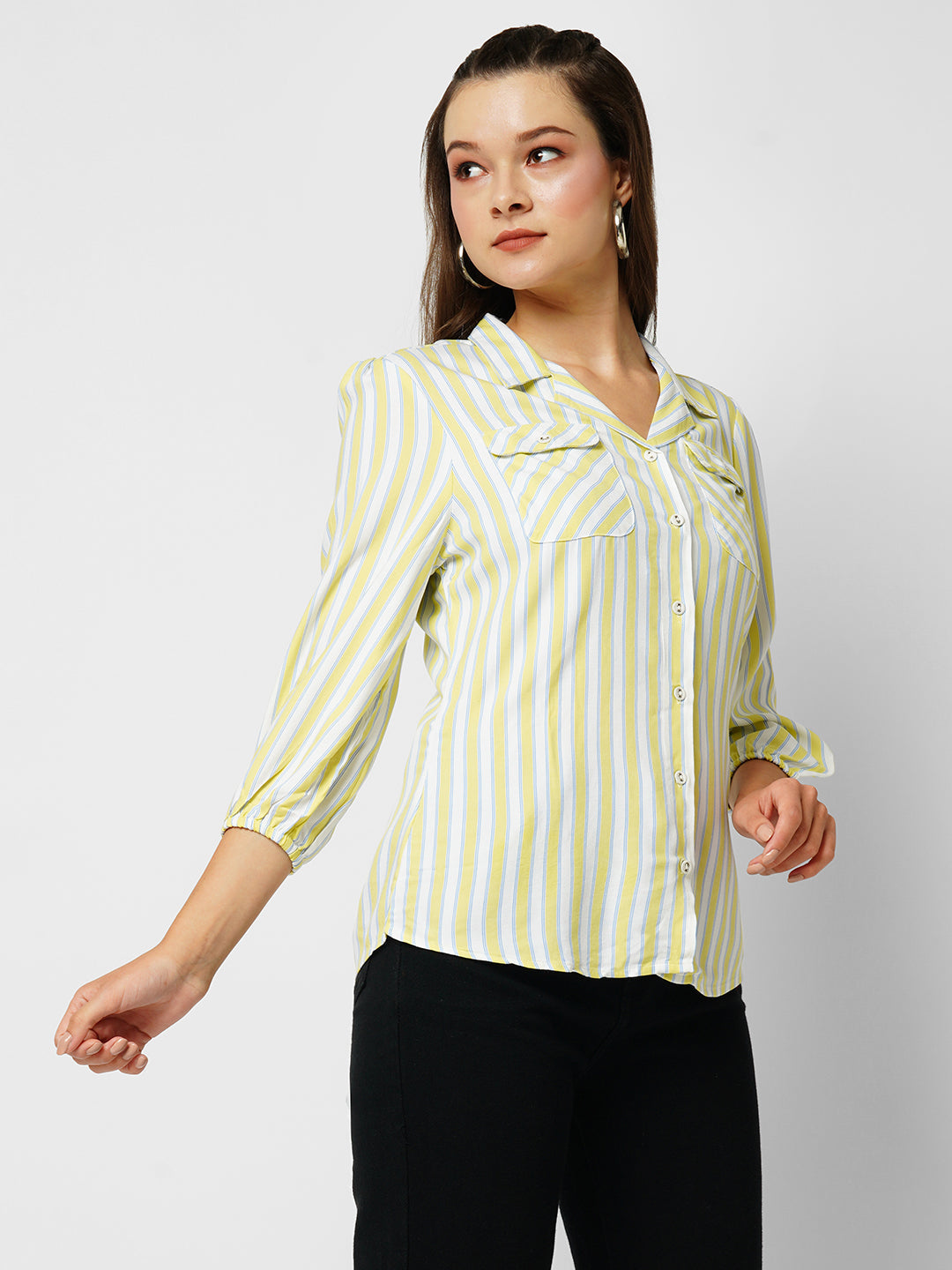 Women Lime & White Striped Slim Shirt