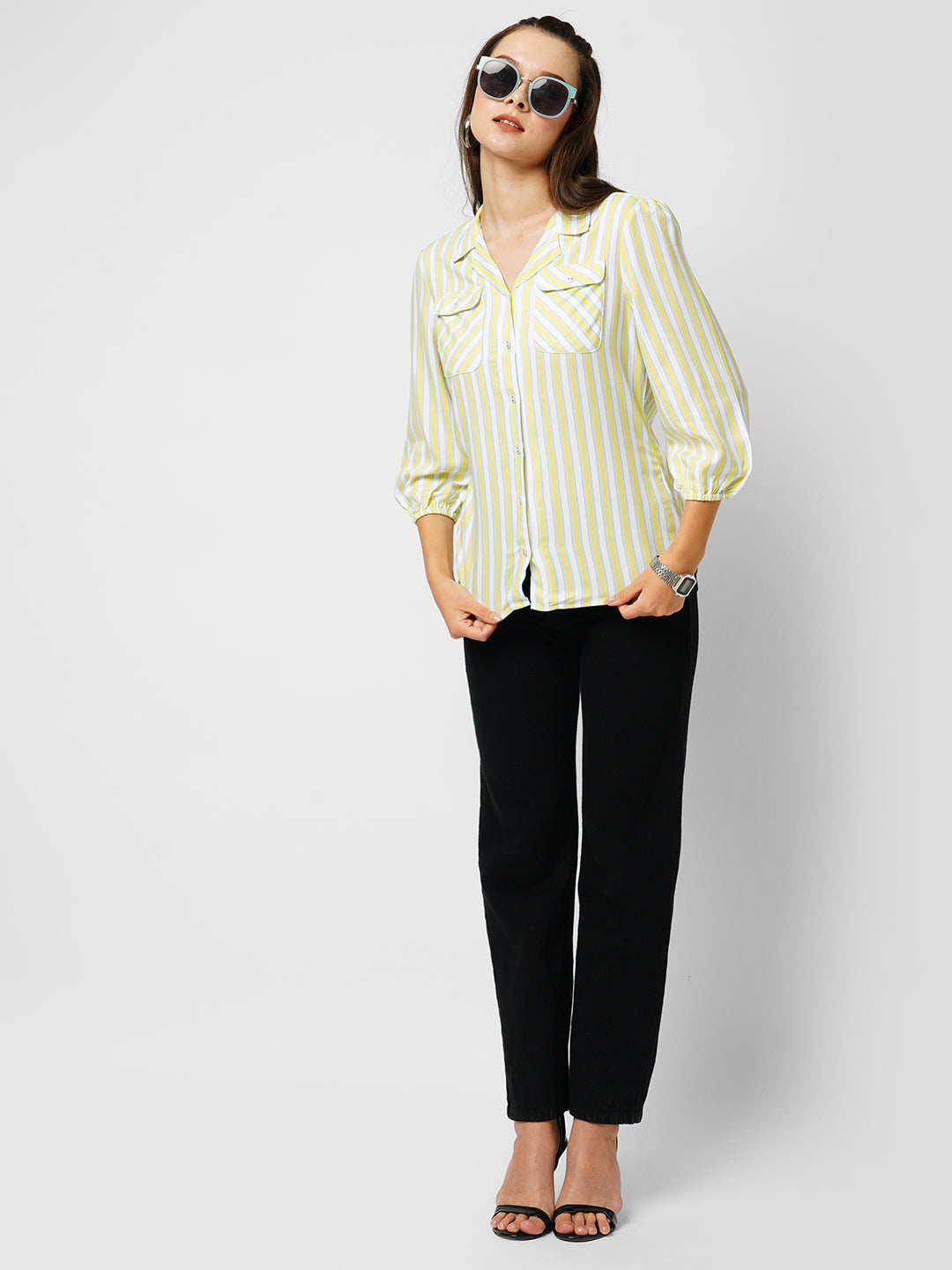 Women Lime & White Striped Slim Shirt