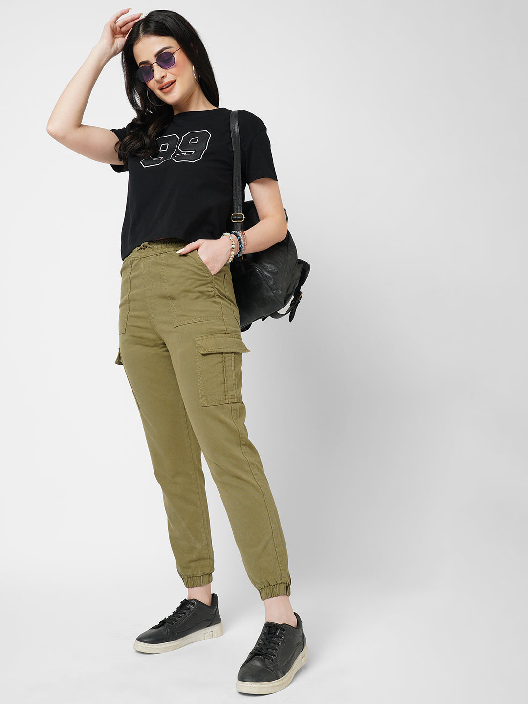 Women Olive High-Rise Paper Bag Pants