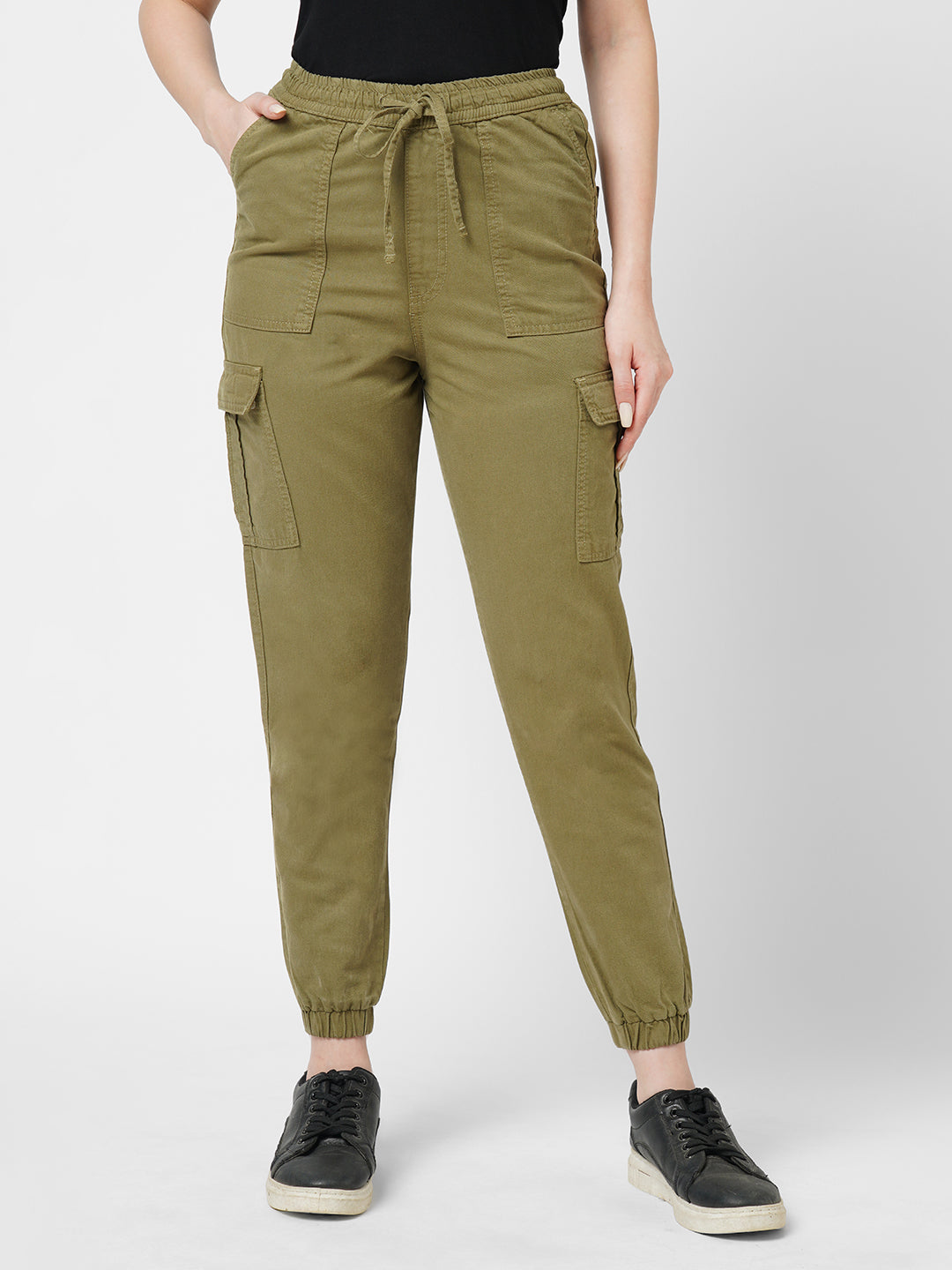 Women Olive High-Rise Paper Bag Pants