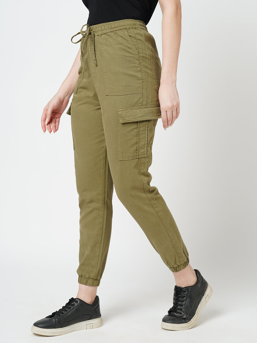 Women Olive High-Rise Paper Bag Pants