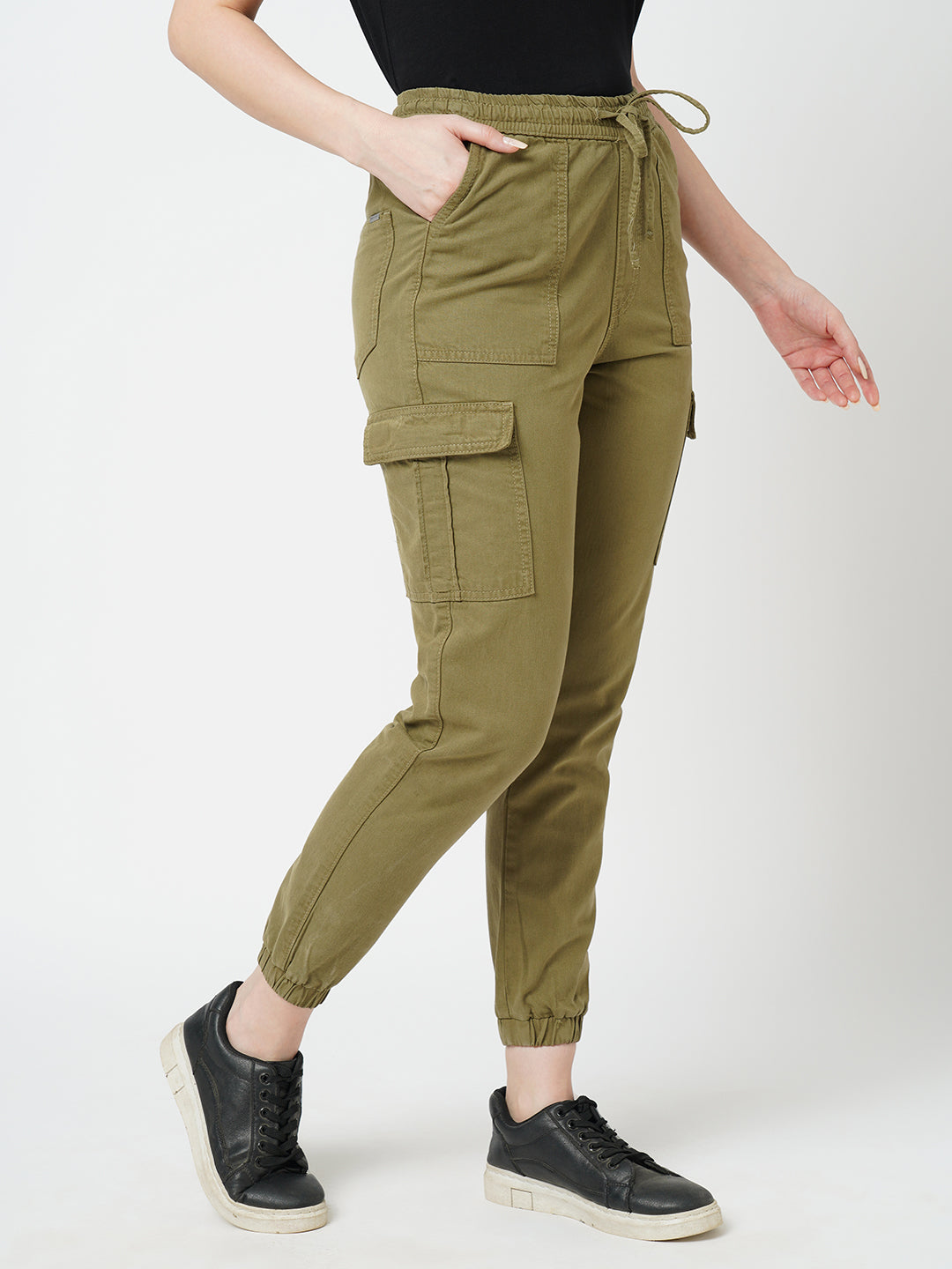 Women Olive High-Rise Paper Bag Pants