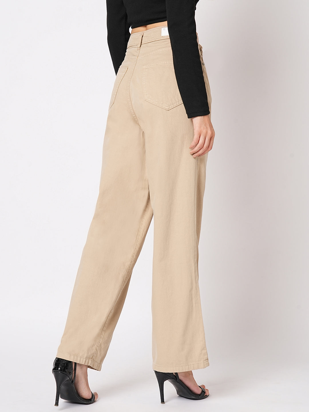 Women Beige High-Rise Wide Leg Jeans