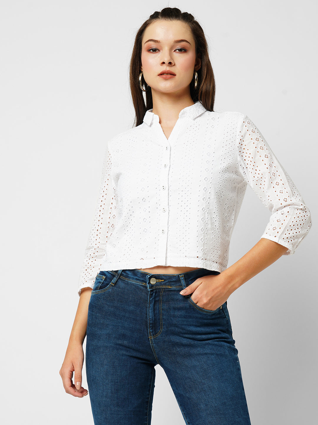 Women Bleach White Lace Slim Shirt