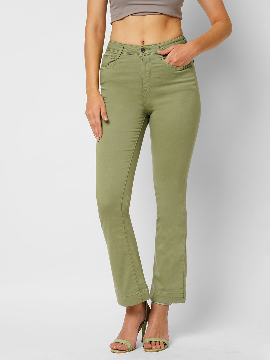 Women Olive High-Rise Mini Flare Jeans