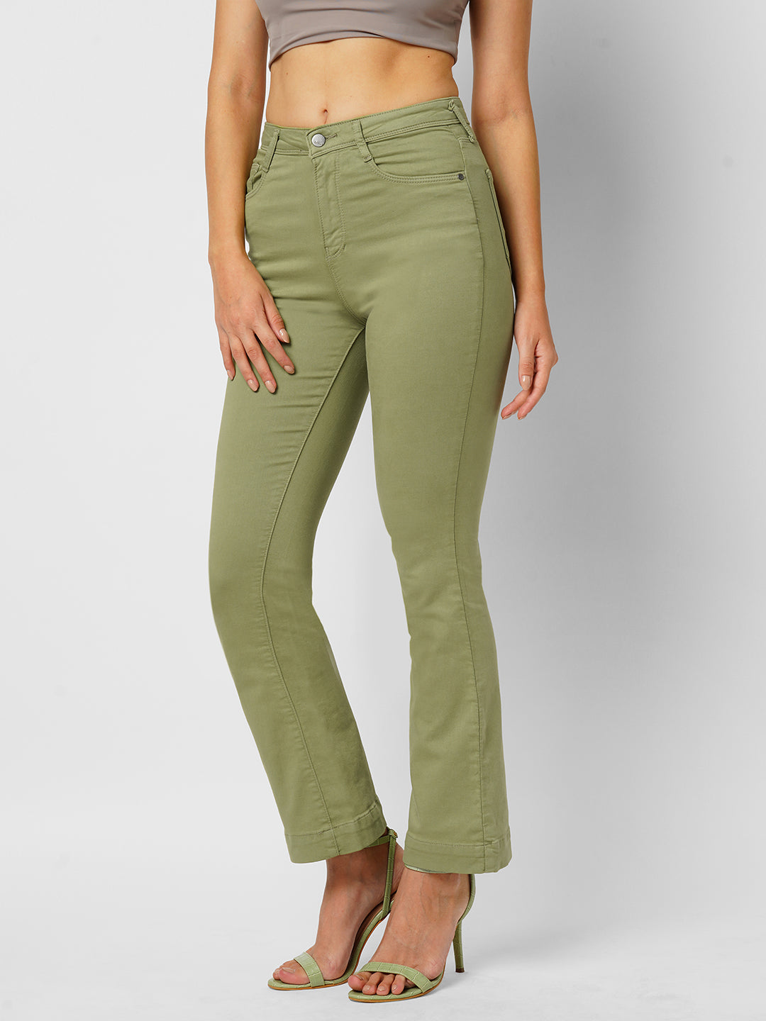 Women Olive High-Rise Mini Flare Jeans
