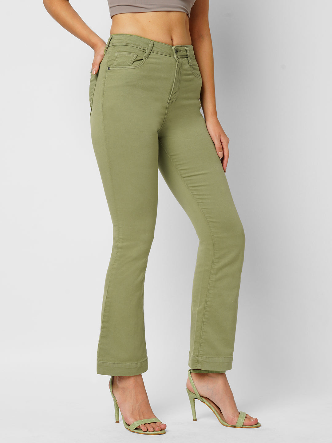 Women Olive High-Rise Mini Flare Jeans