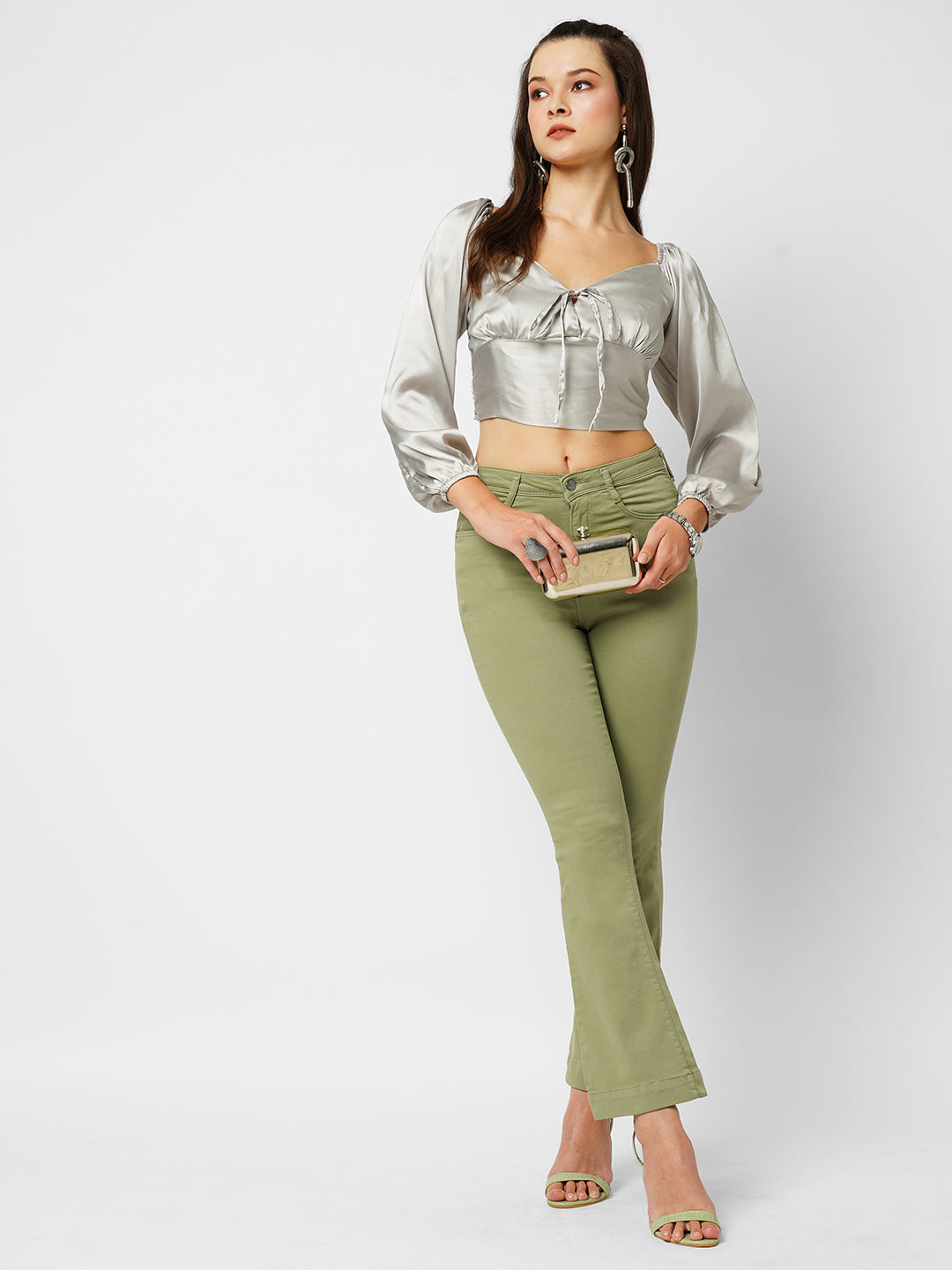 Women Olive High-Rise Mini Flare Jeans