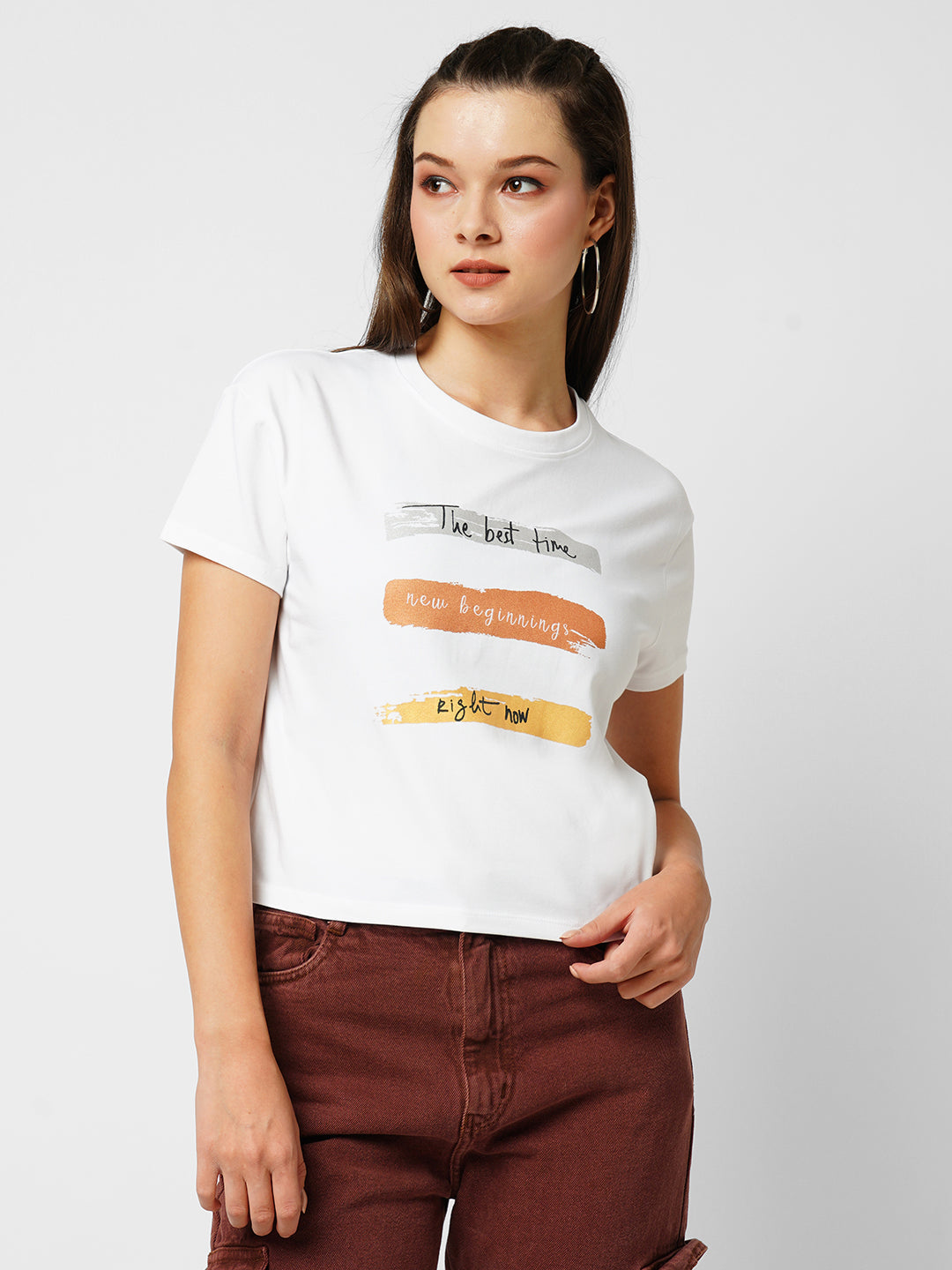 Women Off White Printed Slim T-Shirt