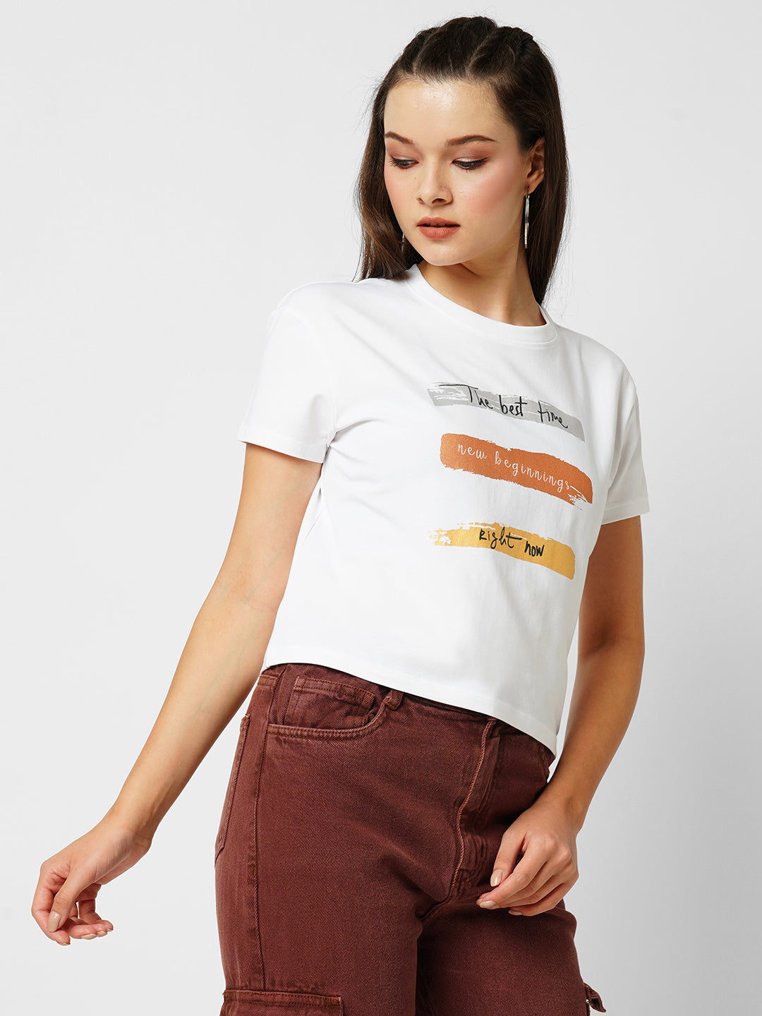 Women Off White Printed Slim T-Shirt
