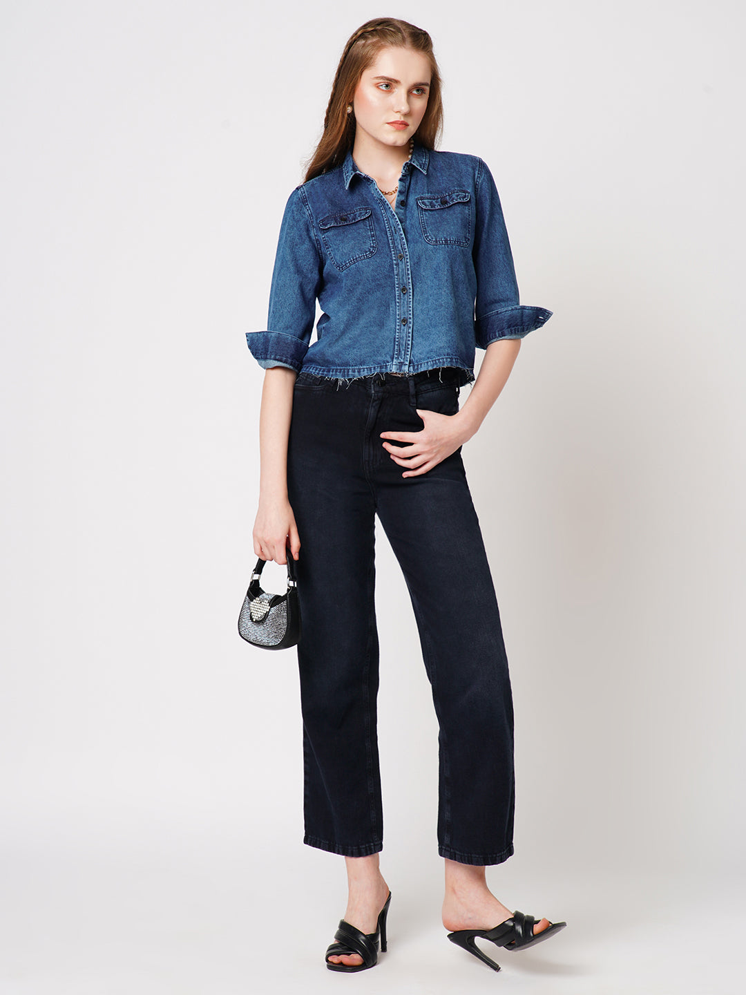 Women Blue Solid Denim Shirt