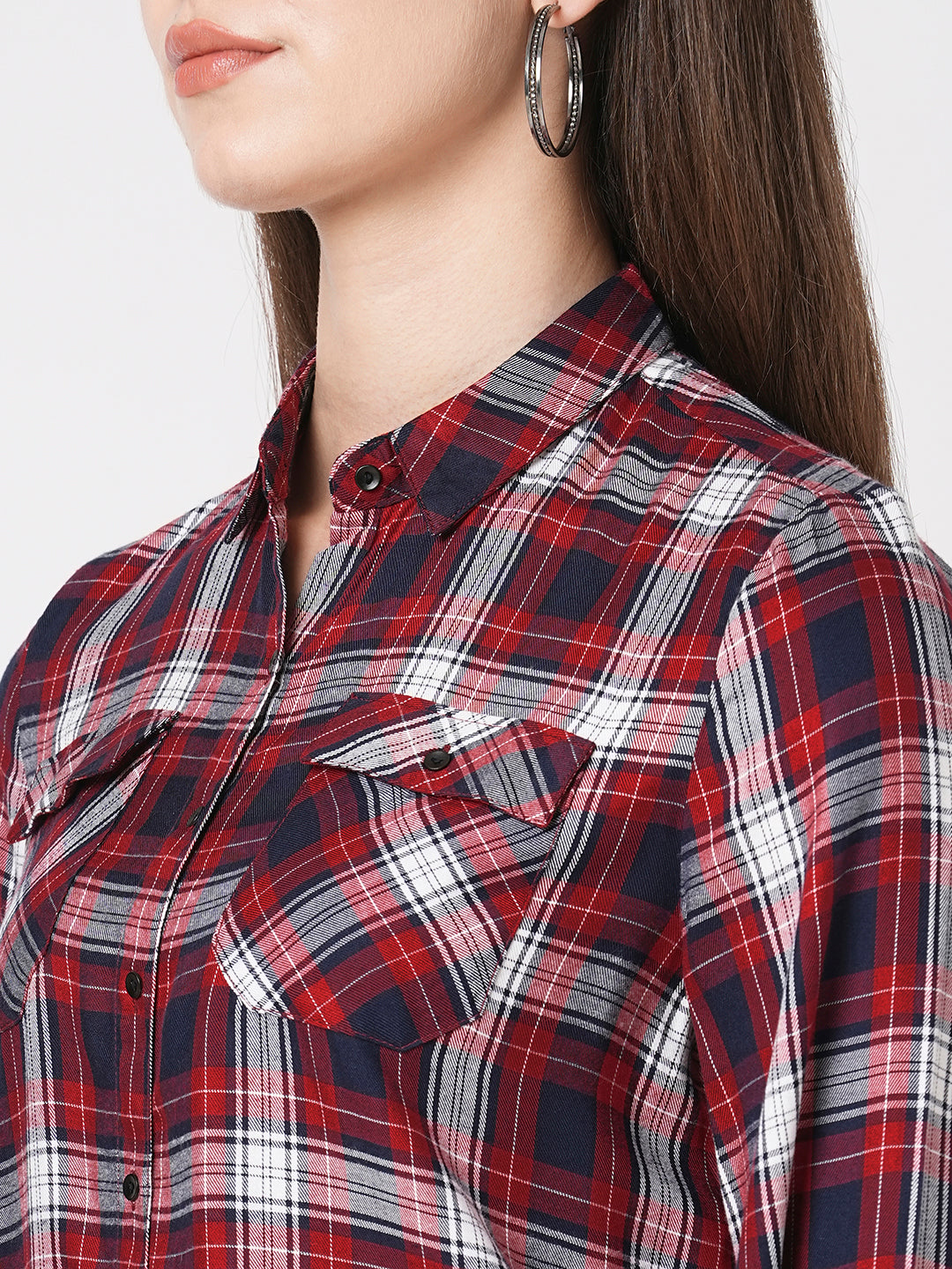 Women Checked Slim Fit Spread Collar Curved Casual Shirt