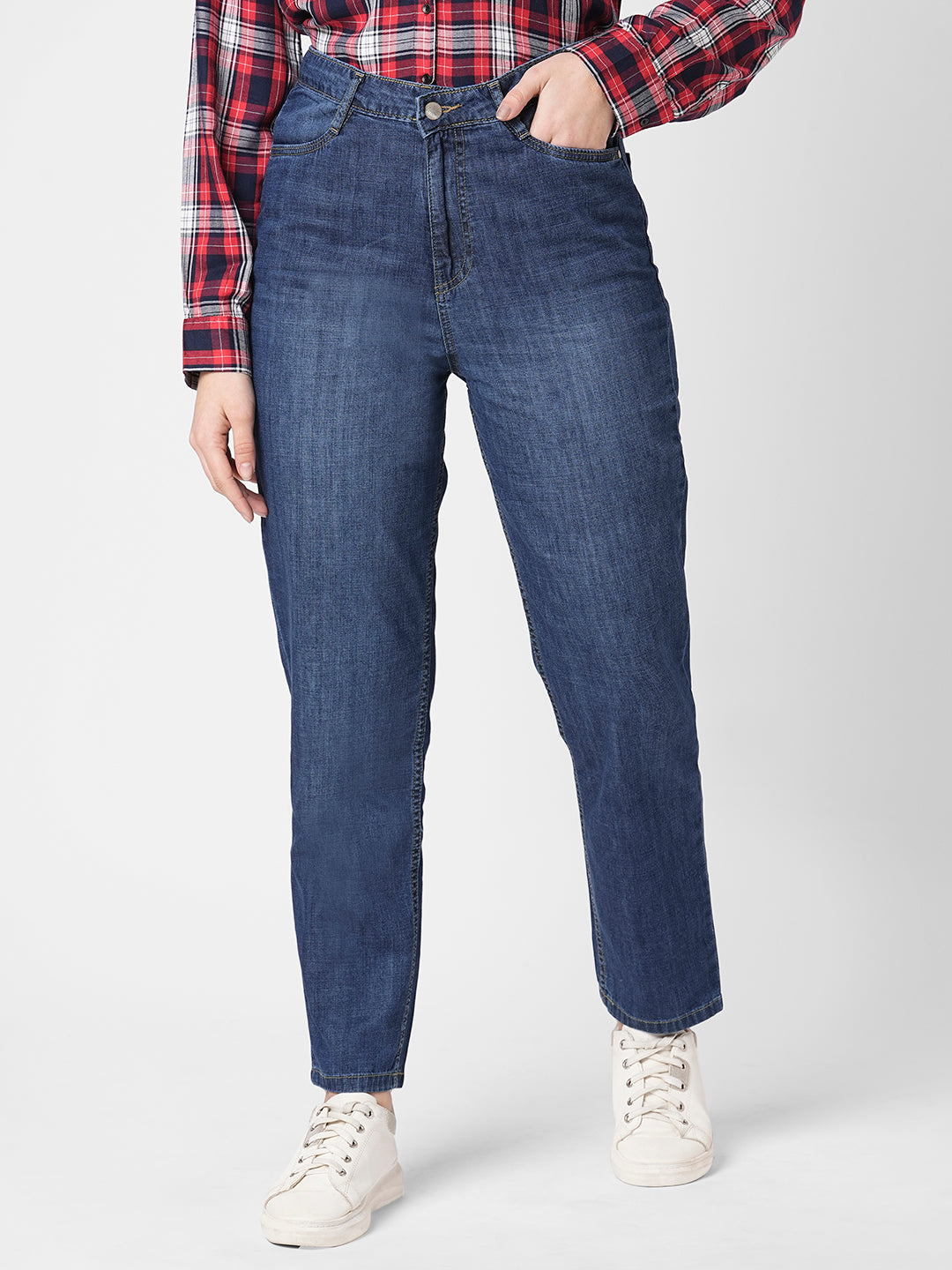 Women Blue High-Rise Mom Fit Jeans