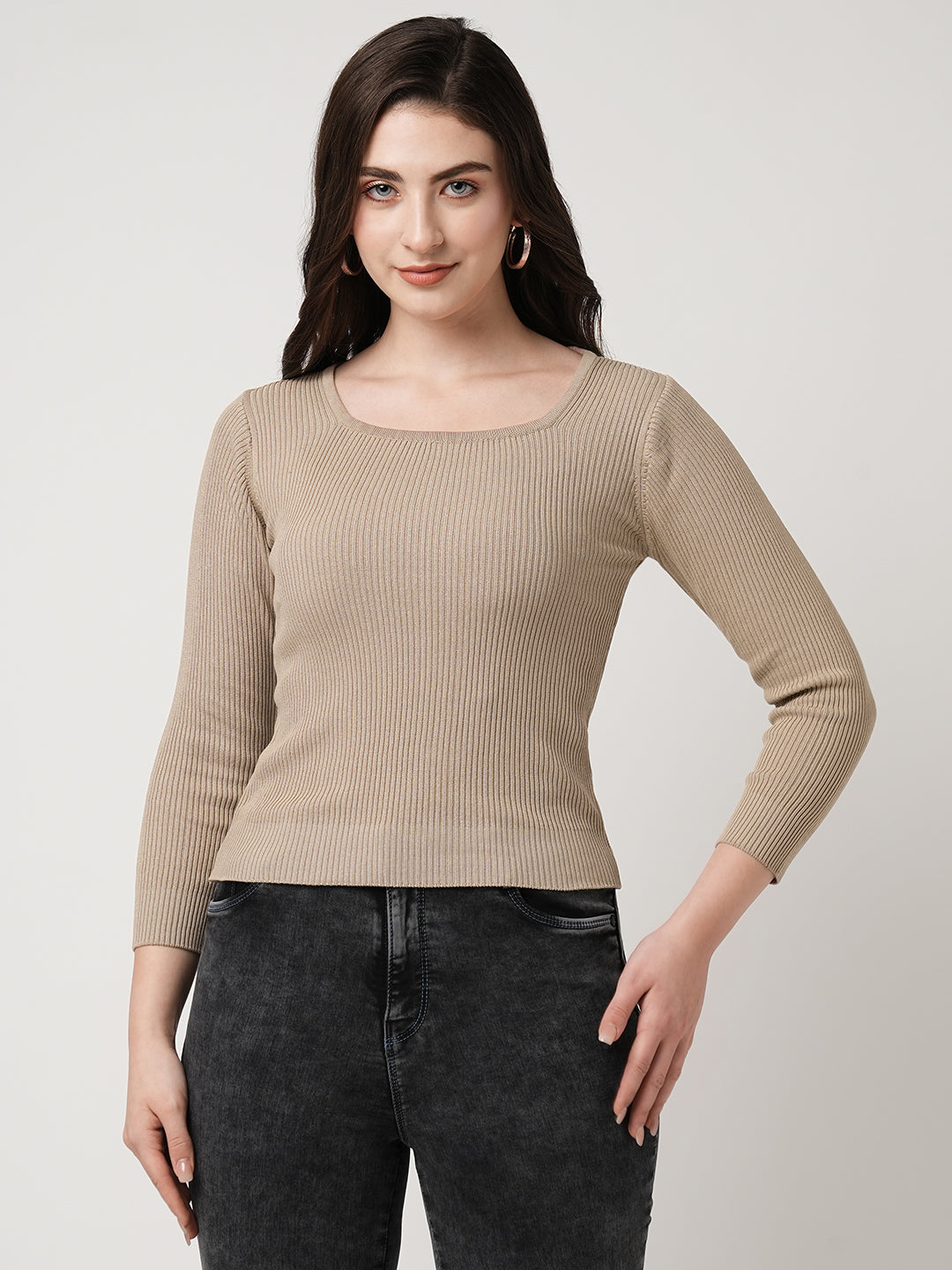 Women Beige Slim Flat Knit