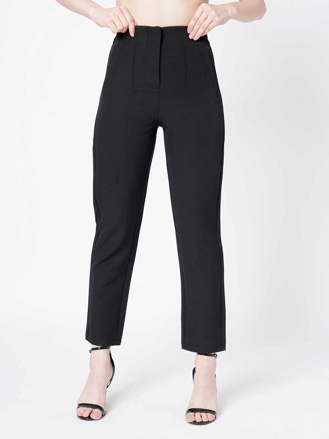 Women Black Mid-Rise Slim Fit Trousers