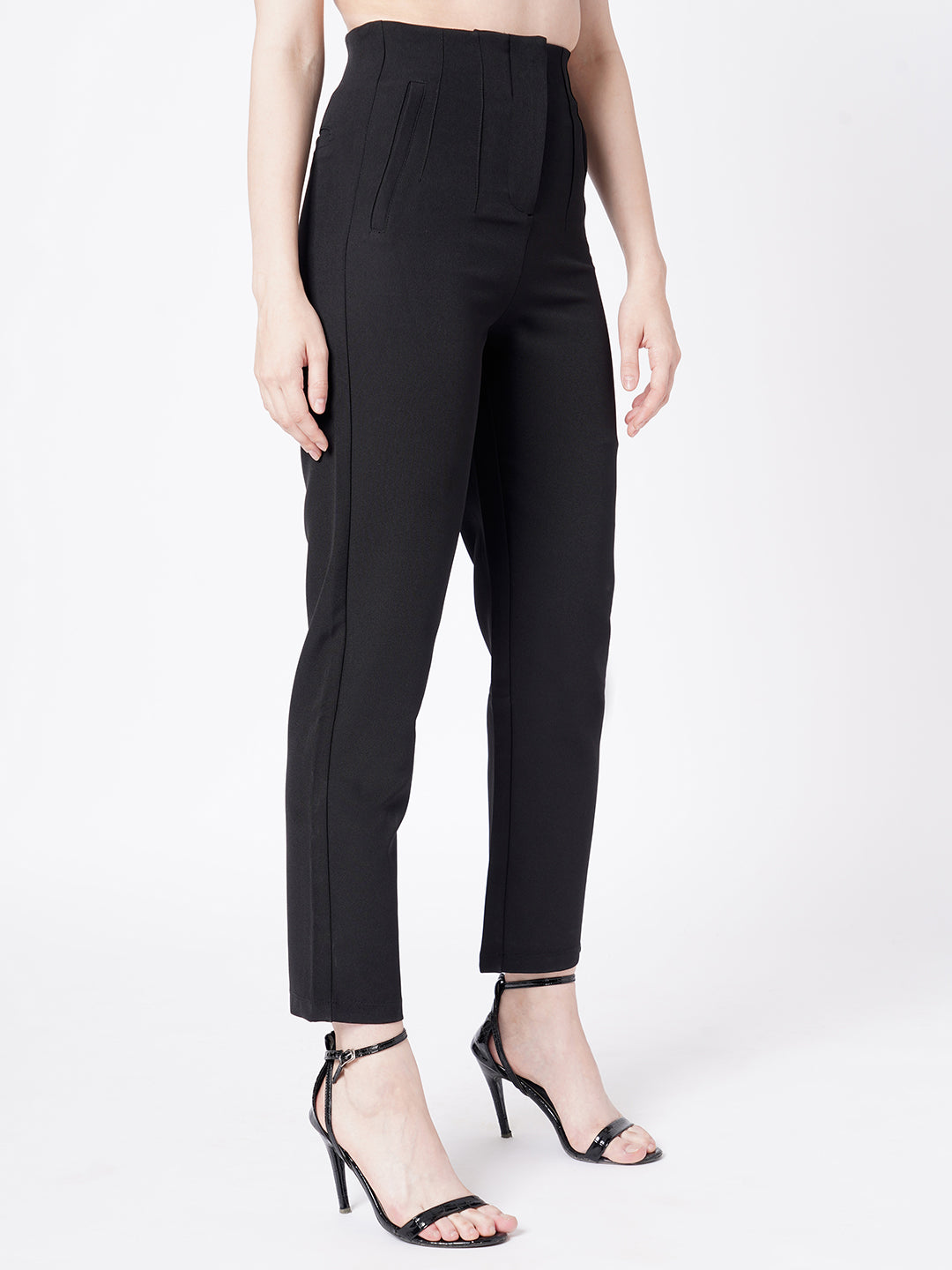 Women Black Mid-Rise Slim Fit Trousers