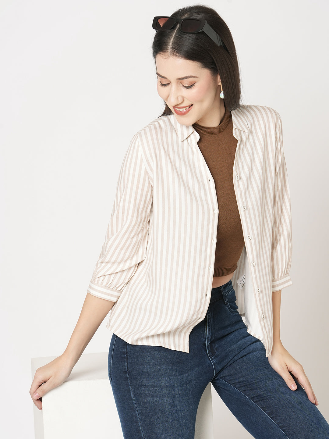 Women Beige-White Striped Shirt