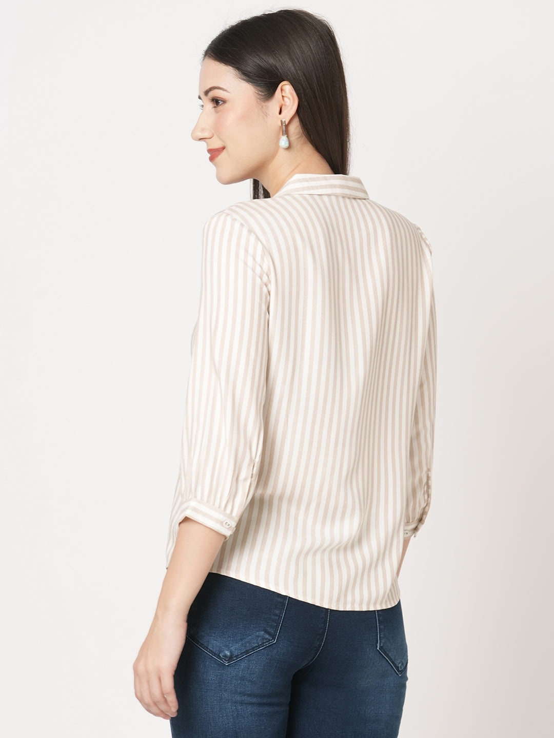 Women Beige-White Striped Shirt