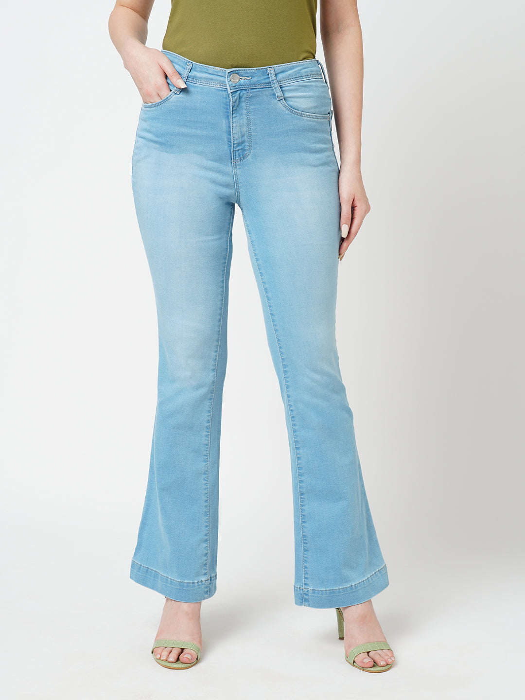Women Light Blue High-Rise Mini Flare Jeans