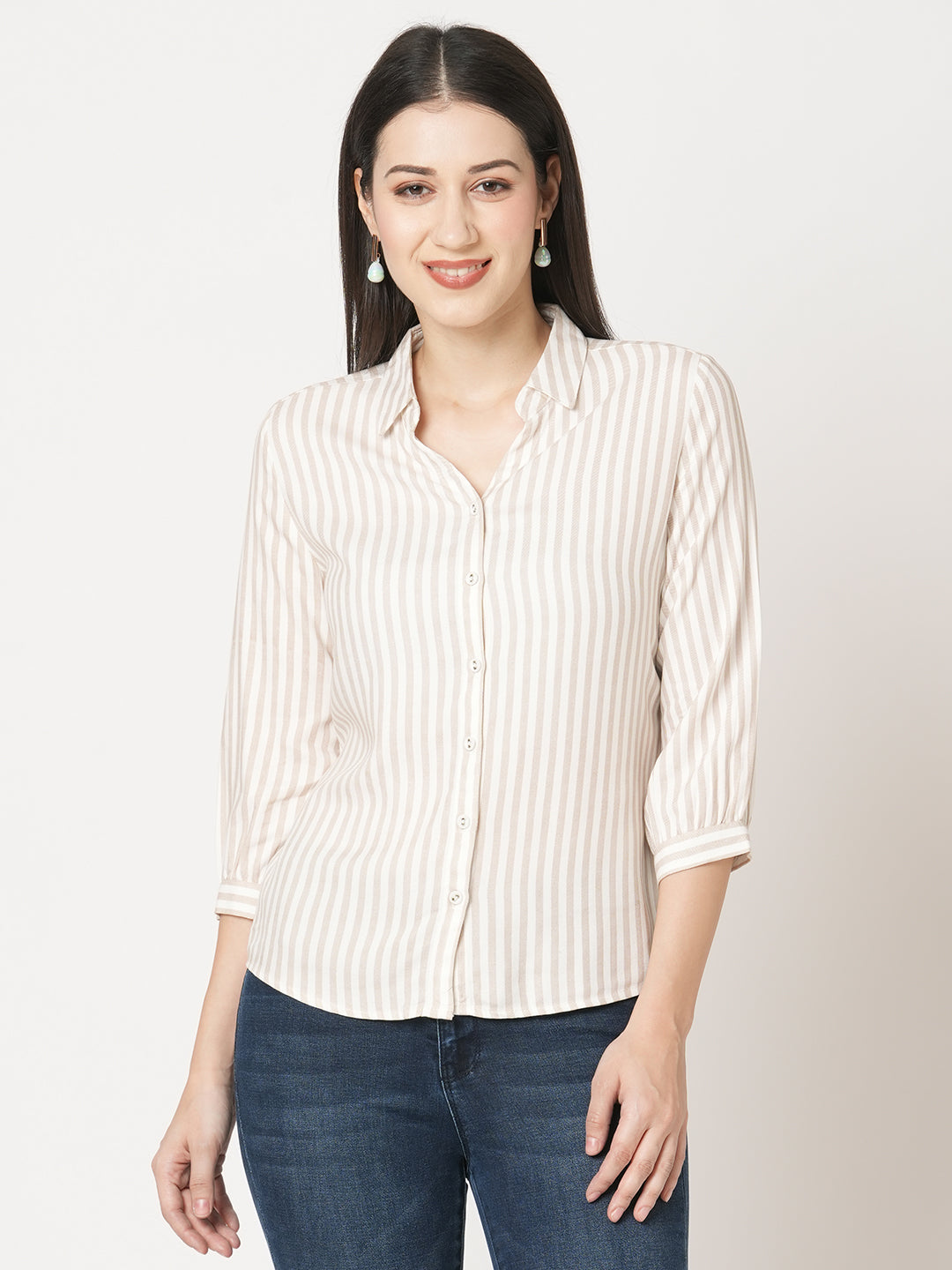 Women Beige-White Striped Shirt