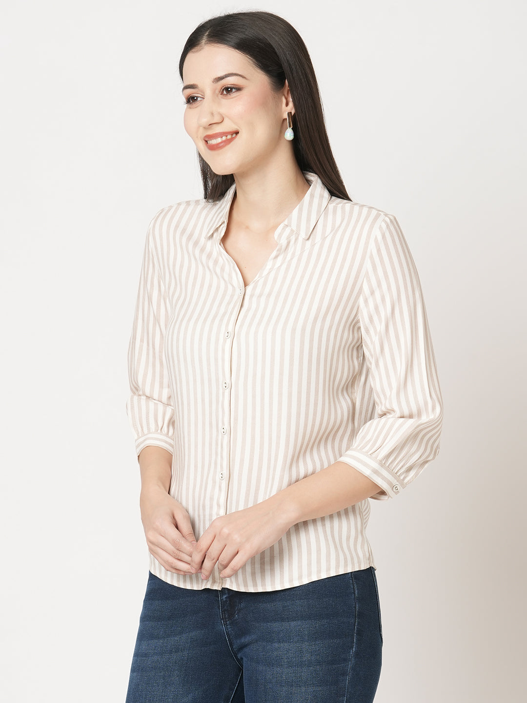 Women Beige-White Striped Shirt
