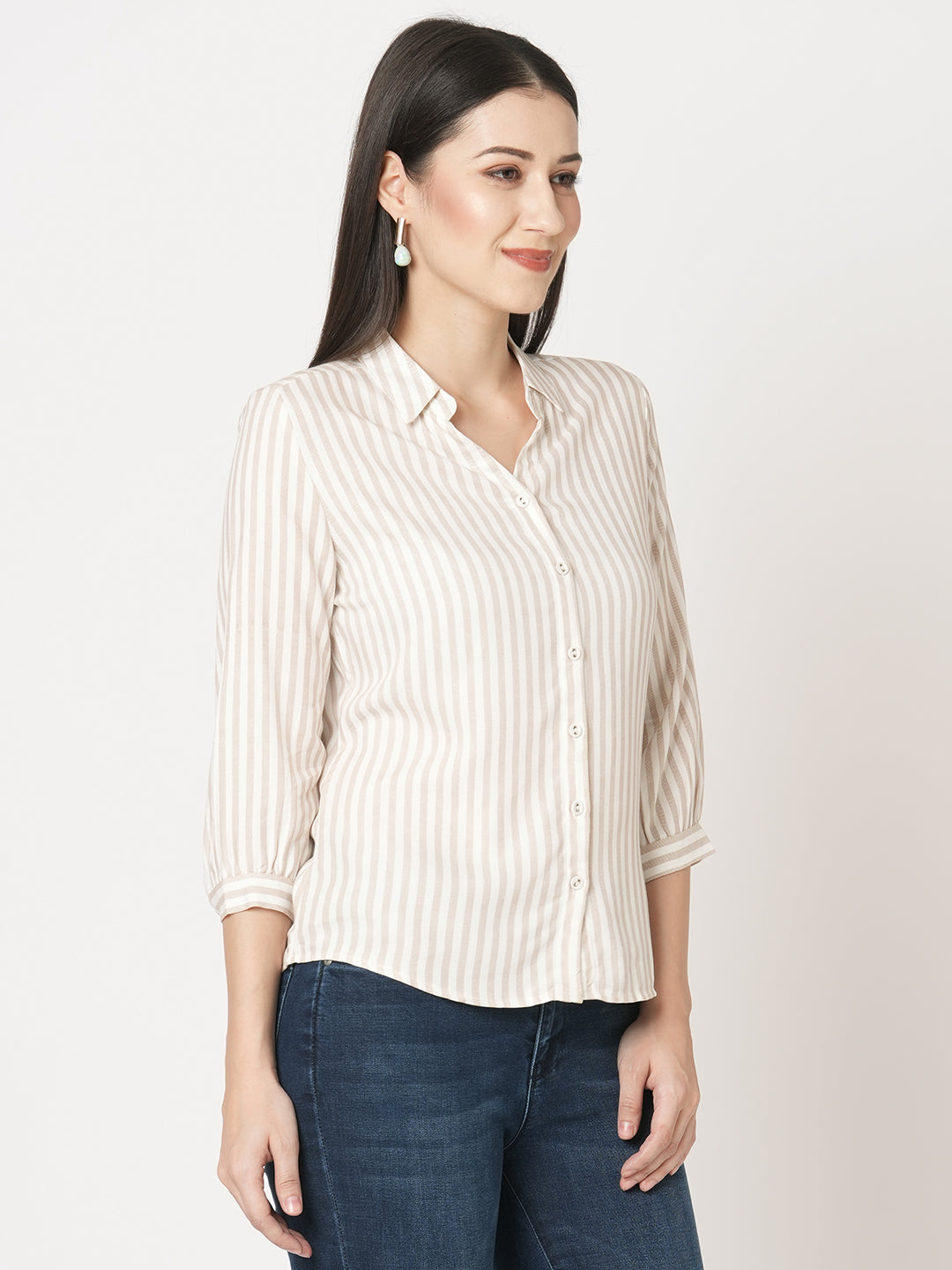 Women Beige-White Striped Shirt